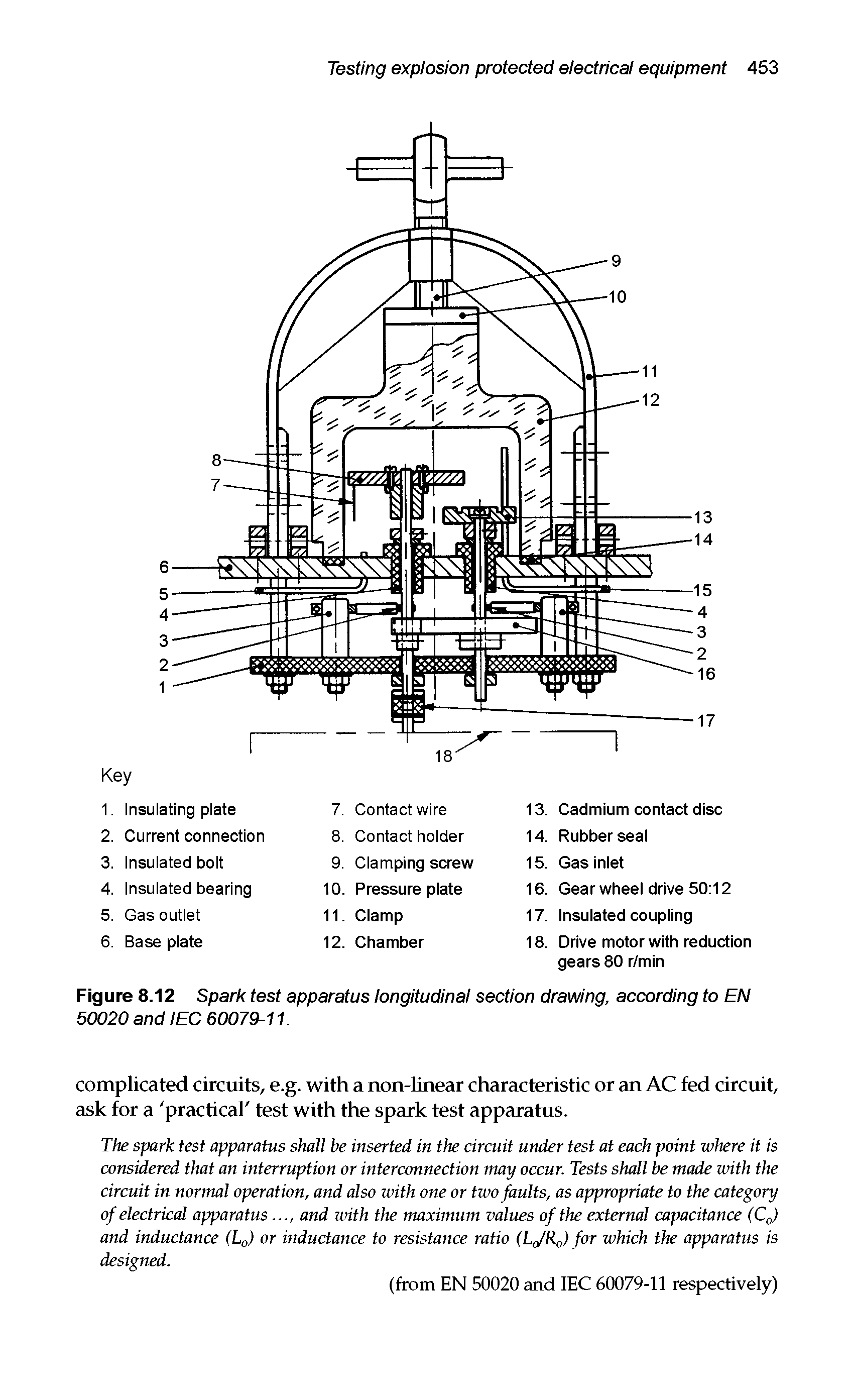 Figure 8.12 Spark test apparatus longitudinal section drawing, according to EN 50020 and IEC 60079-11.
