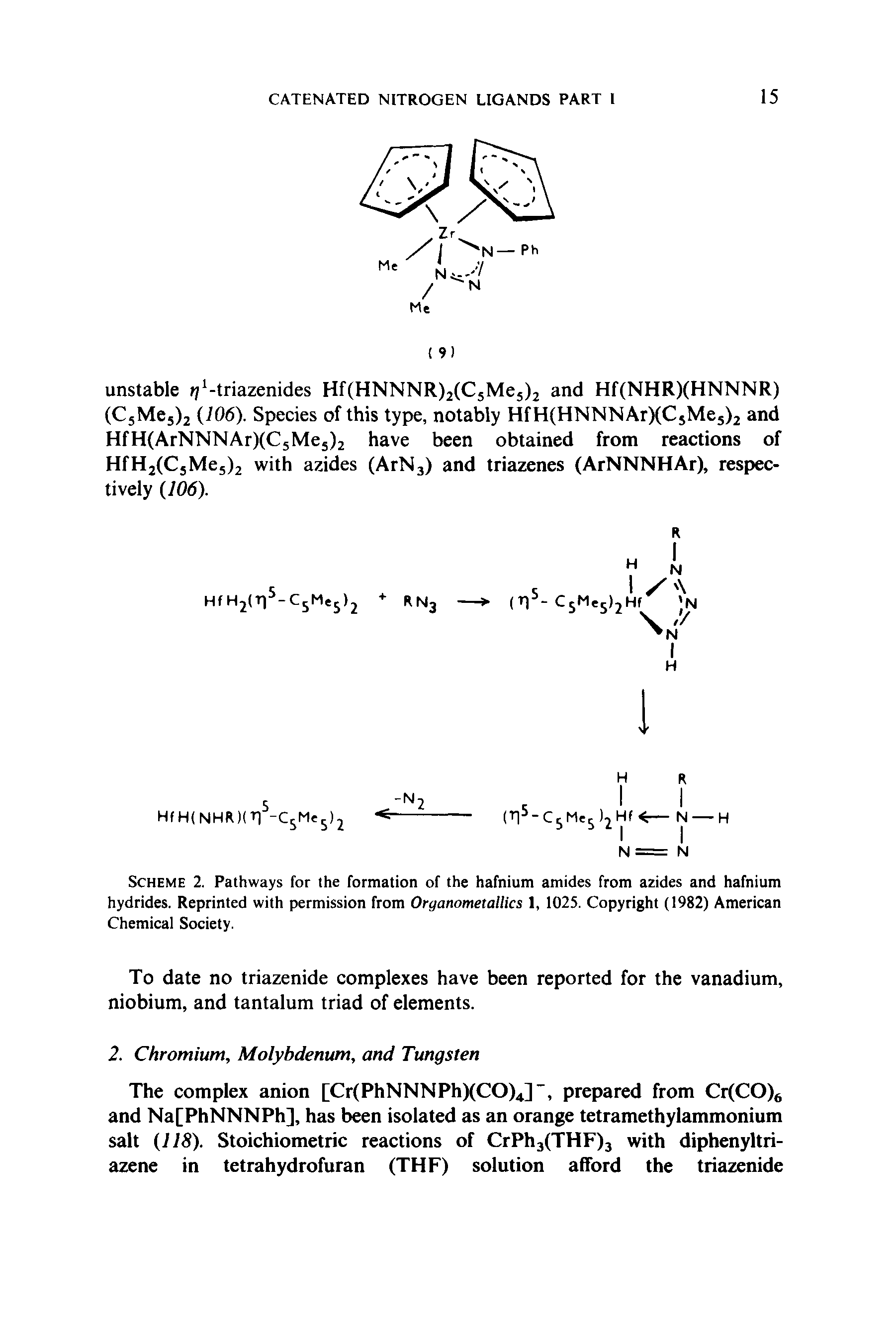 Scheme 2. Pathways for the formation of the hafnium amides from azides and hafnium hydrides. Reprinted with permission from Organometallics 1, 1025. Copyright (1982) American Chemical Society.