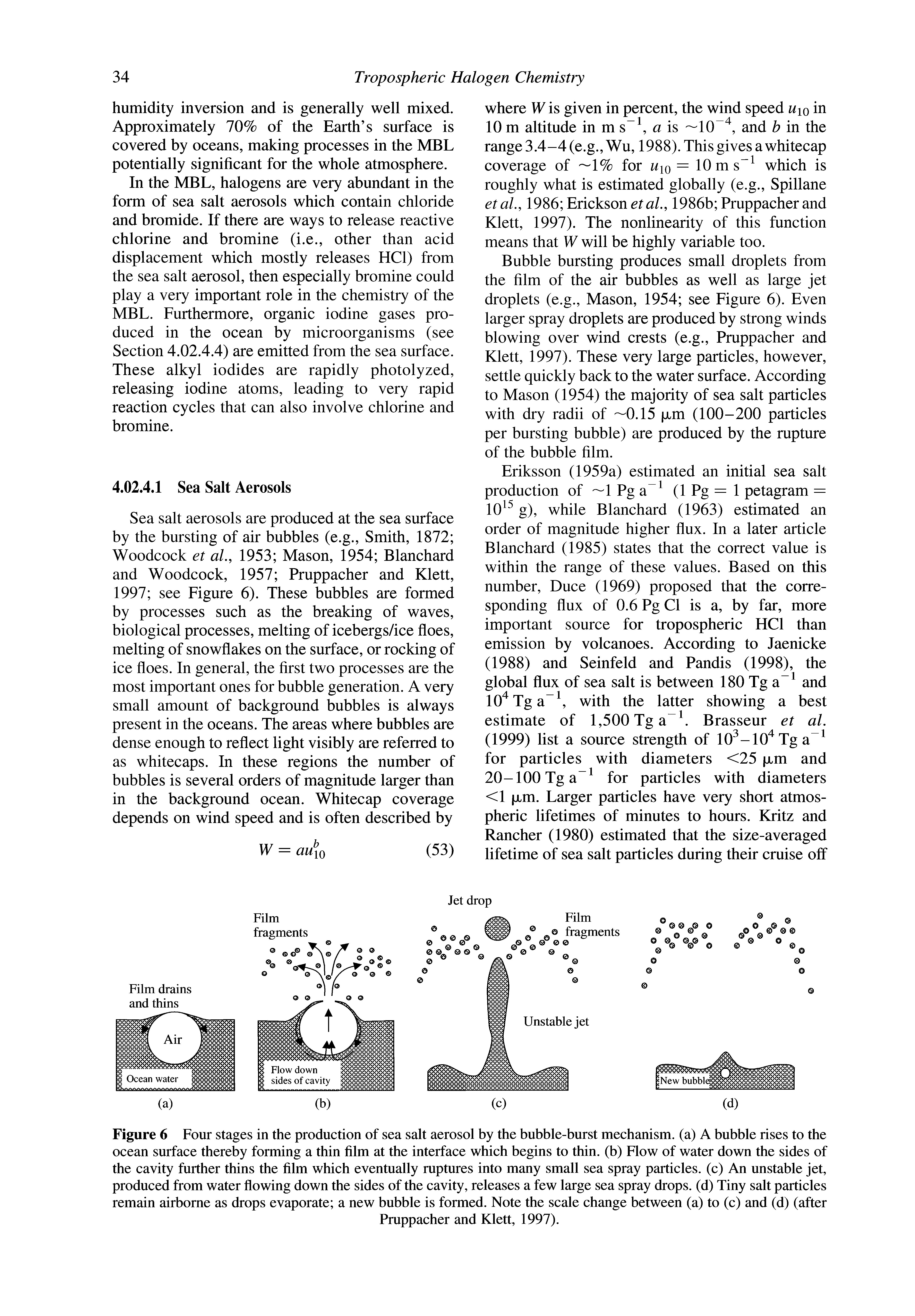 Figure 6 Four stages in the production of sea salt aerosol by the bubble-burst mechanism, (a) A bubble rises to the ocean surface thereby forming a thin film at the interface which begins to thin, (b) Flow of water down the sides of the cavity further thins the film which eventually ruptures into many small sea spray particles, (c) An unstable jet, produced from water flowing down the sides of the cavity, releases a few large sea spray drops, (d) Tiny salt particles remain airborne as drops evaporate a new bubble is formed. Note the scale change between (a) to (c) and (d) (after...