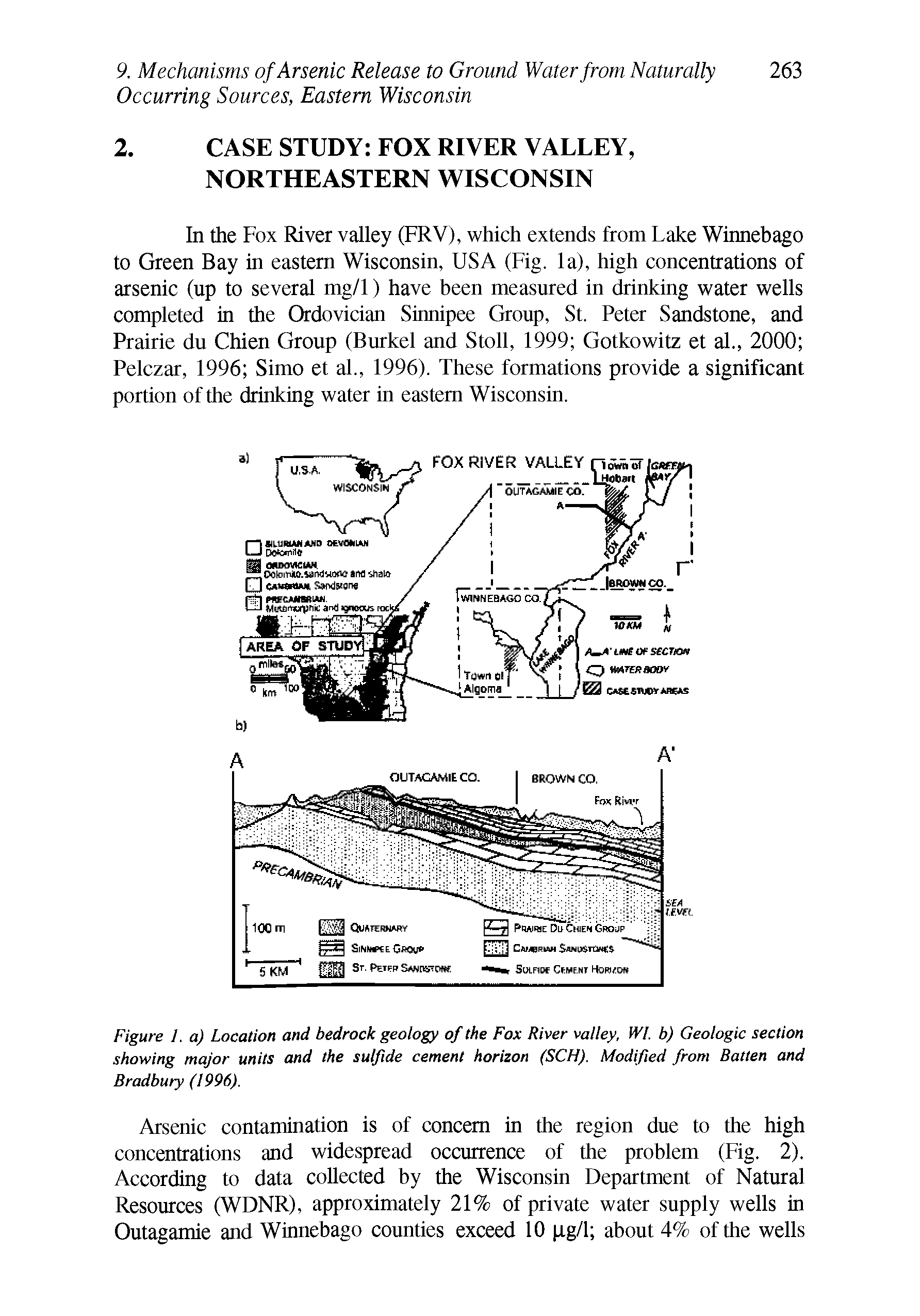 Figure I. a) Location and bedrock geology of the Fox River valley, WI. b) Geologic section showing major units and the sulfide cement horizon (SCH). Modified from Batten and Bradbury (1996).