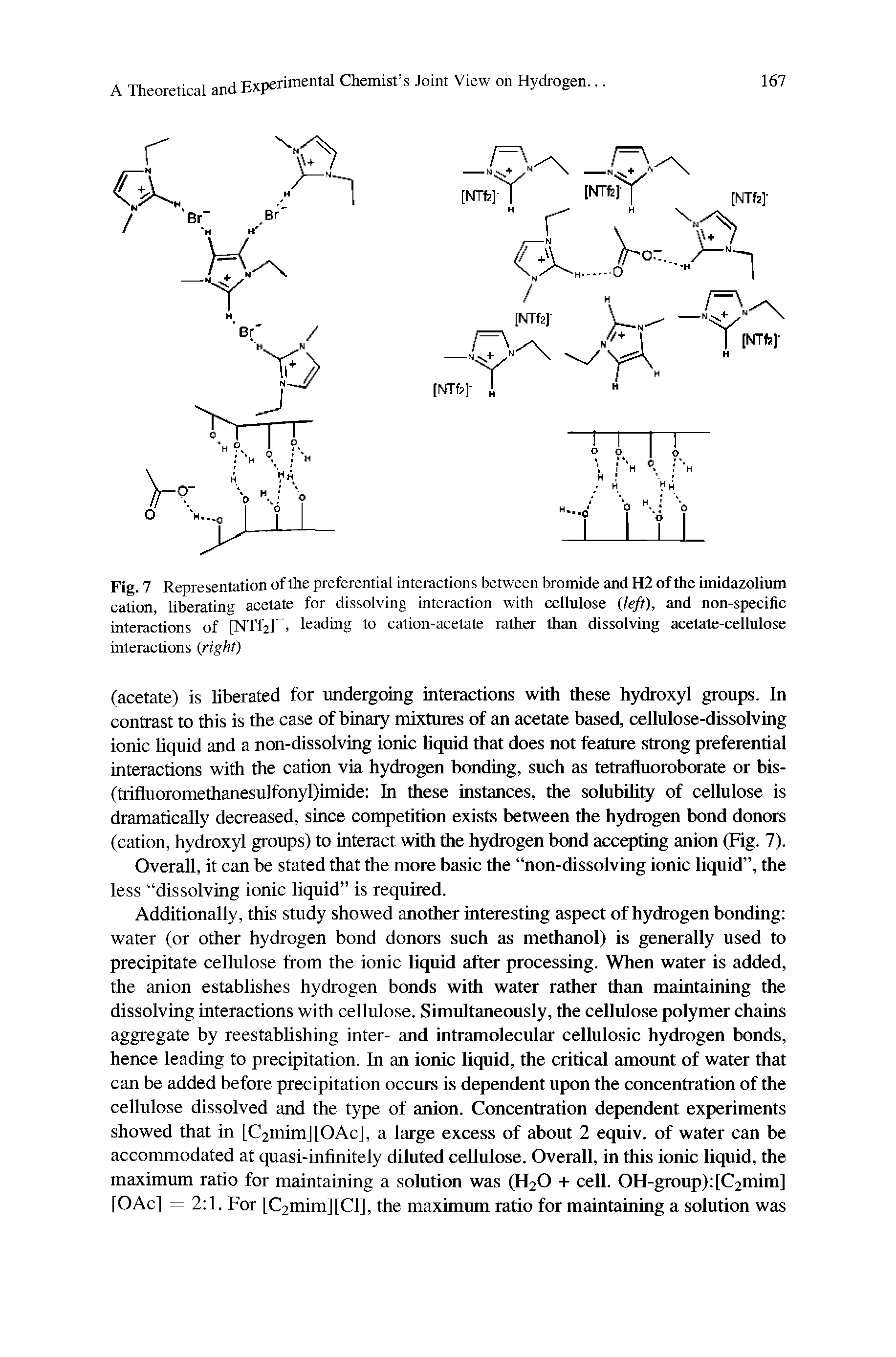 Fig. 7 Representation of the preferential interactions between bromide and H2 of the imidazolium cation, liberating acetate for dissolving interaction with cellulose (left), and non-specific interactions of [NTf2] , leading to cation-acetate rather than dissolving acetate-cellulose interactions (right)...