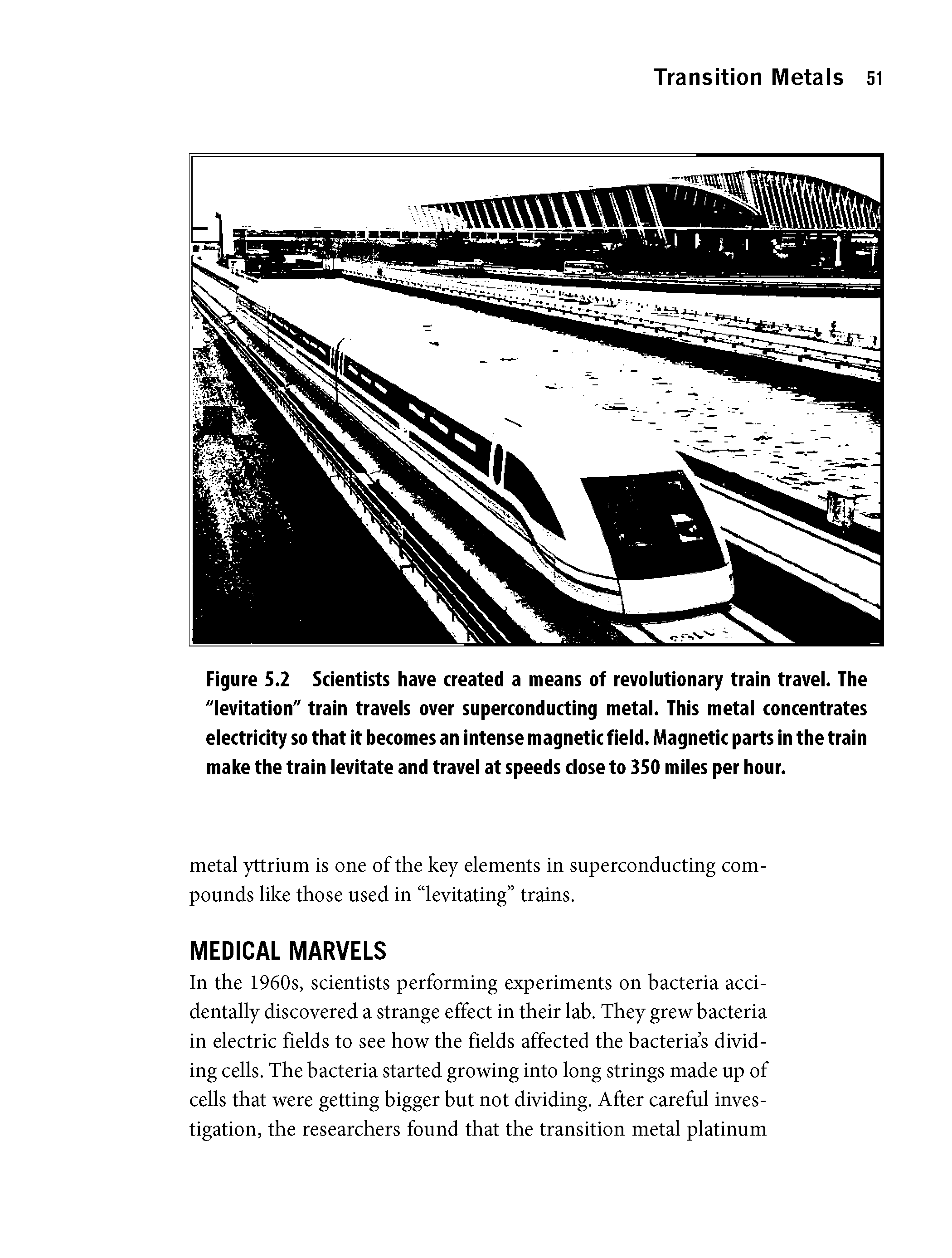 Figure 5.2 Scientists have created a means of revolutionary train travel. The "levitation" train travels over superconducting metal. This metal concentrates electricity so that it becomes an intense magnetic field. Magnetic parts in the train make the train levitate and travel at speeds close to 350 miles per hour.