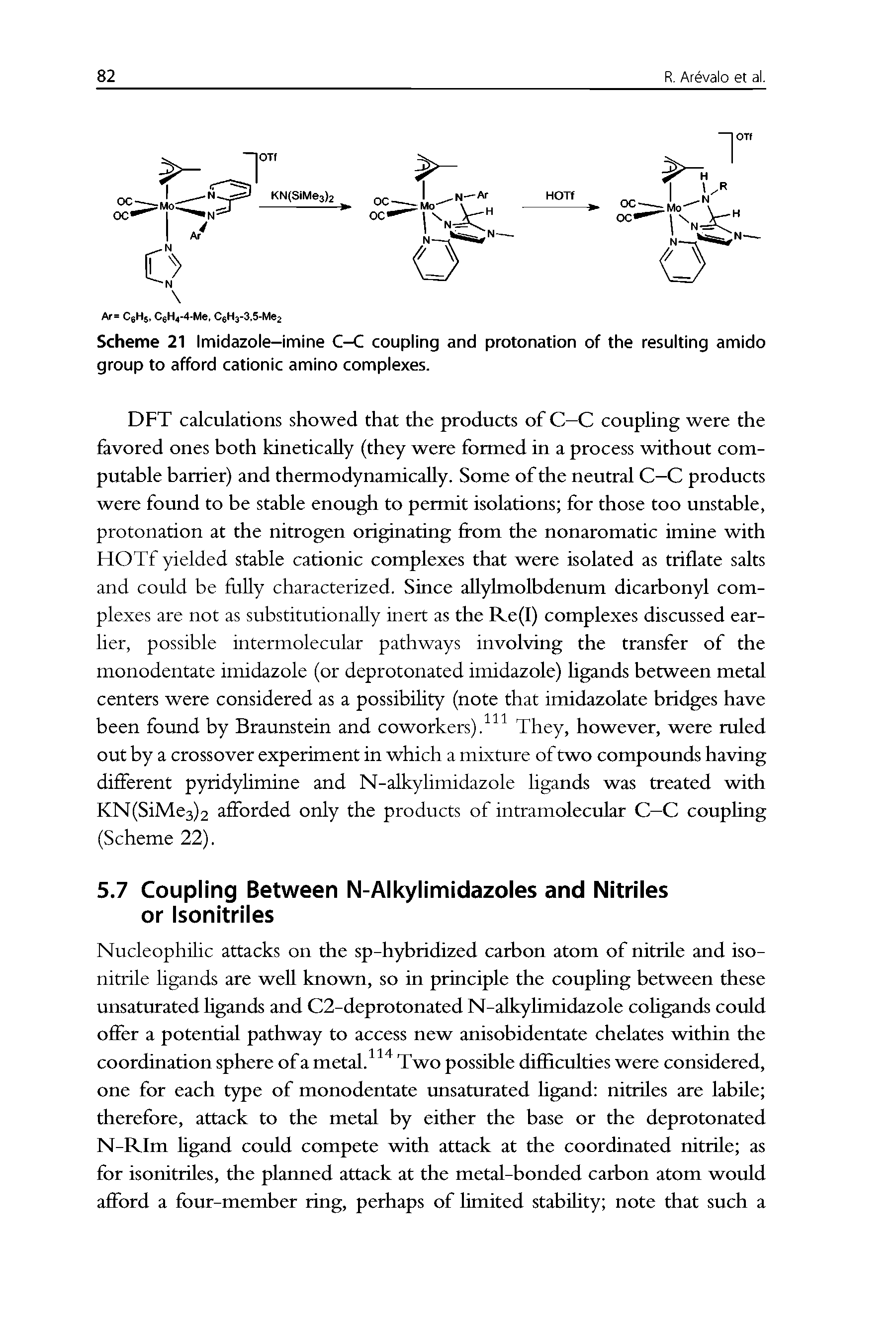 Scheme 21 Imidazole-imine C-C coupling and protonation of the resulting amido group to afford cationic amino complexes.