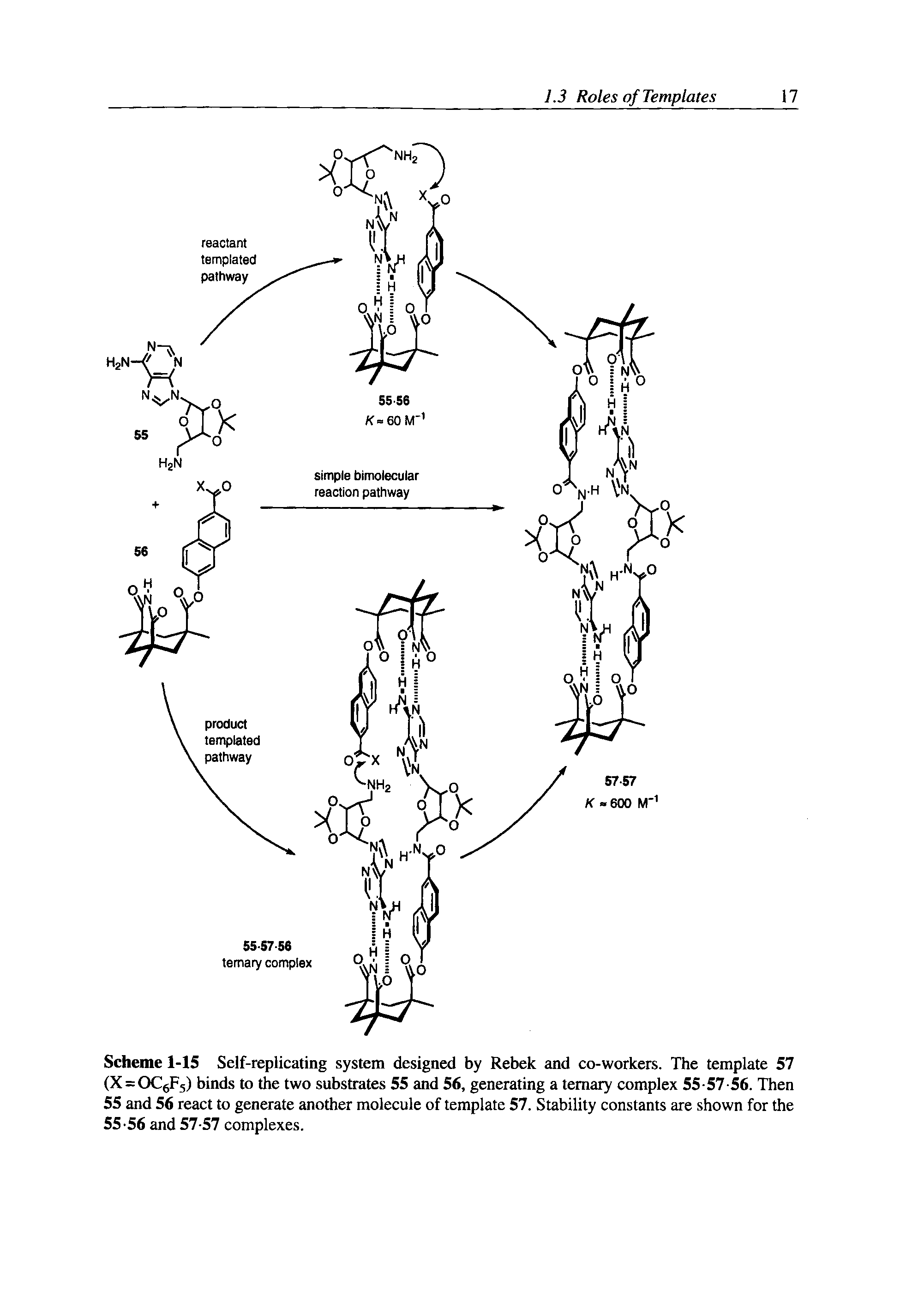 Scheme 1-15 Self-replicating system designed by Rebek and co-workers. The template 57 (X = OCgF5) binds to the two substrates 55 and 56, generating a ternary complex 55-57-S6. Then 55 and 56 react to generate another molecule of template 57. Stability constants are shown for the 55-56 and 57-57 complexes.