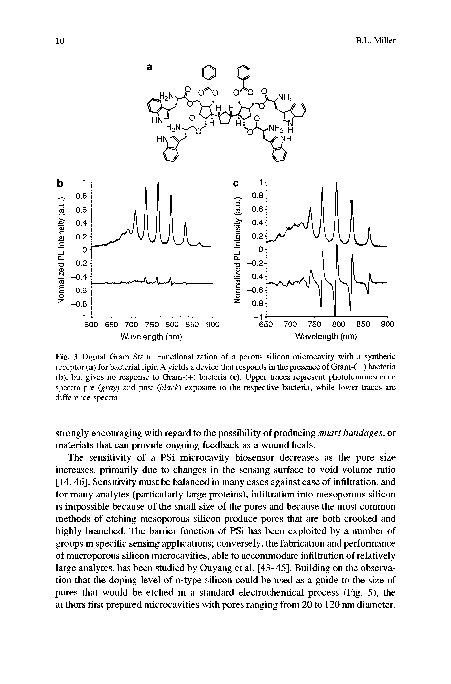Fig. 3 Digital Gram Stain Functionalization of a porous silicon microcavity with a synthetic receptor (a) for bacterial lipid A yields a device that responds in the presence of Gram-(—) bacteria (b), but gives no response to Gram-(+) bacteria (c). Upper traces represent photoluminescence spectra pre (gray) and post (black) exposure to the respective bacteria, while lower traces are difference spectra...