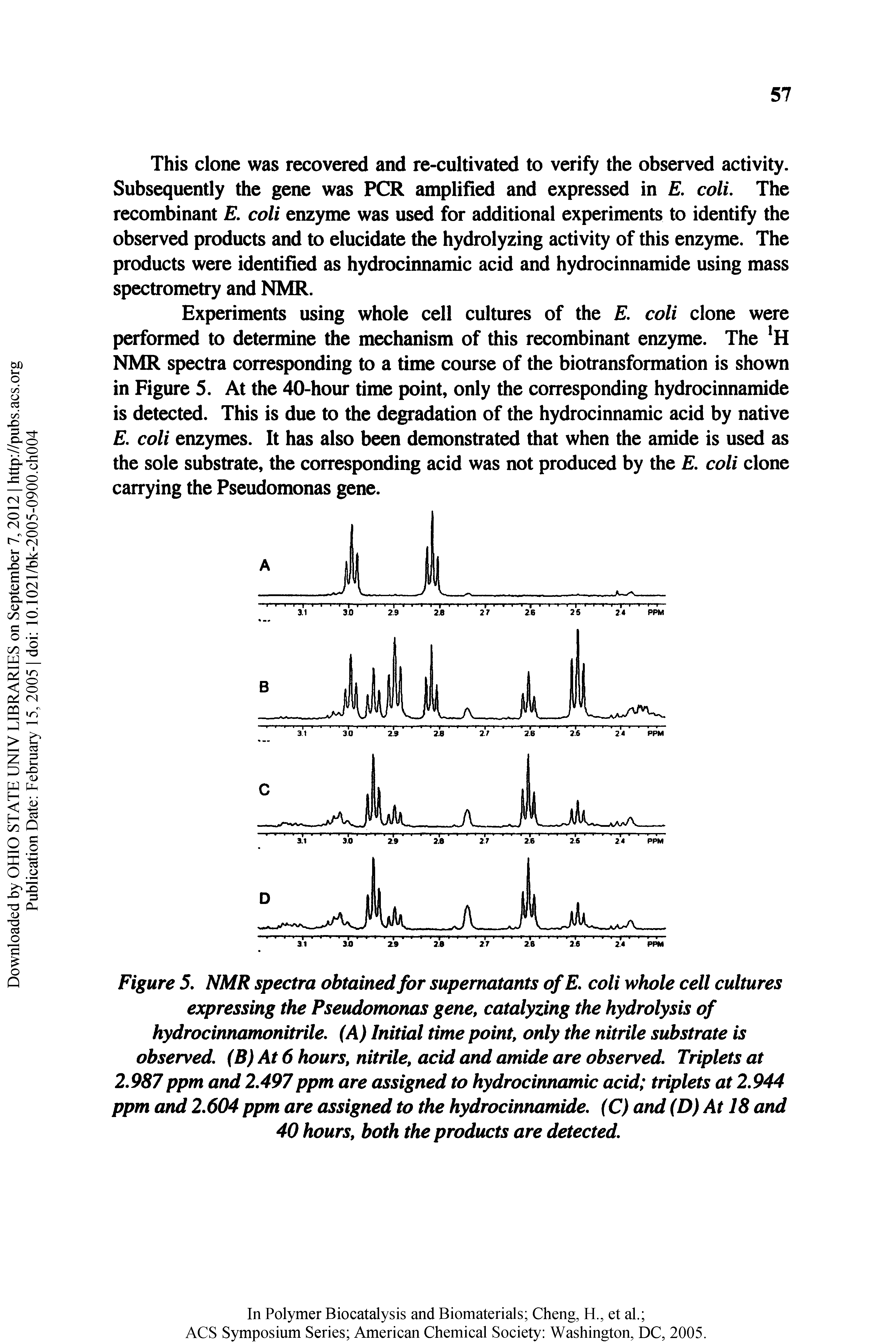 Figure 5. NMR spectra obtained for supernatants ofE. coli whole cell cultures expressing the Pseudomonas gene, catalyzing the hydrolysis of hydrocinnamonitrile. (A) Initial time point, only the nitrile substrate is observed, (B) At 6 hours, nitrile, acid and amide are observed. Triplets at 2.987ppm and 2.497ppm are assigned to hydrocinnamic acid triplets at 2,944 ppm and 2.604 ppm are assigned to the hydrocinnamide. (C) and (D) At 18 and 40 hours, both the products are detected.