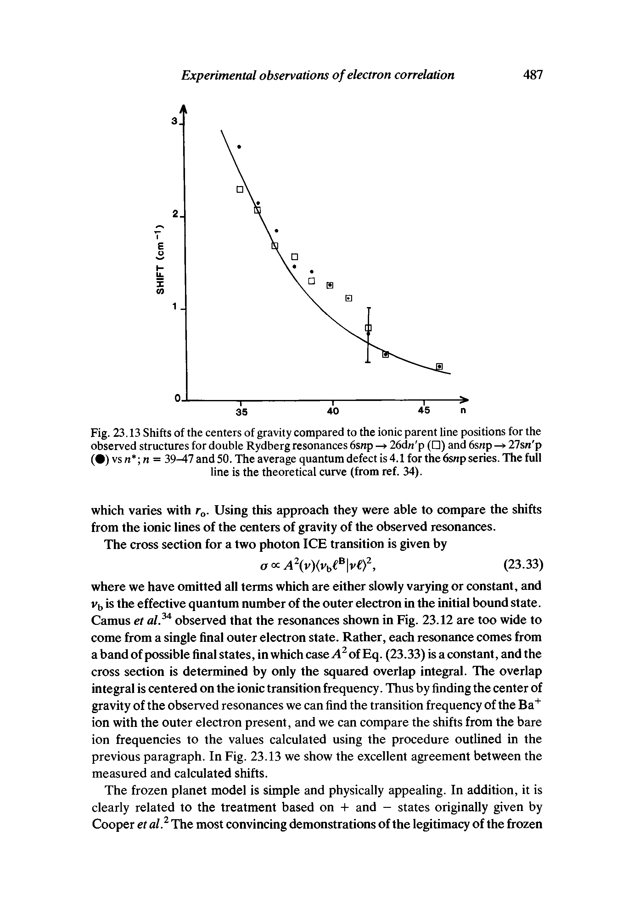 Fig. 23.13 Shifts of the centers of gravity compared to the ionic parent line positions for the observed structures for double Rydberg resonances 6snp —> 26dn p ( ) and 6snp — 27sn p ( ) vs n n = 39-47 and 50. The average quantum defect is 4.1 for the 6snp series. The full line is the theoretical curve (from ref. 34).