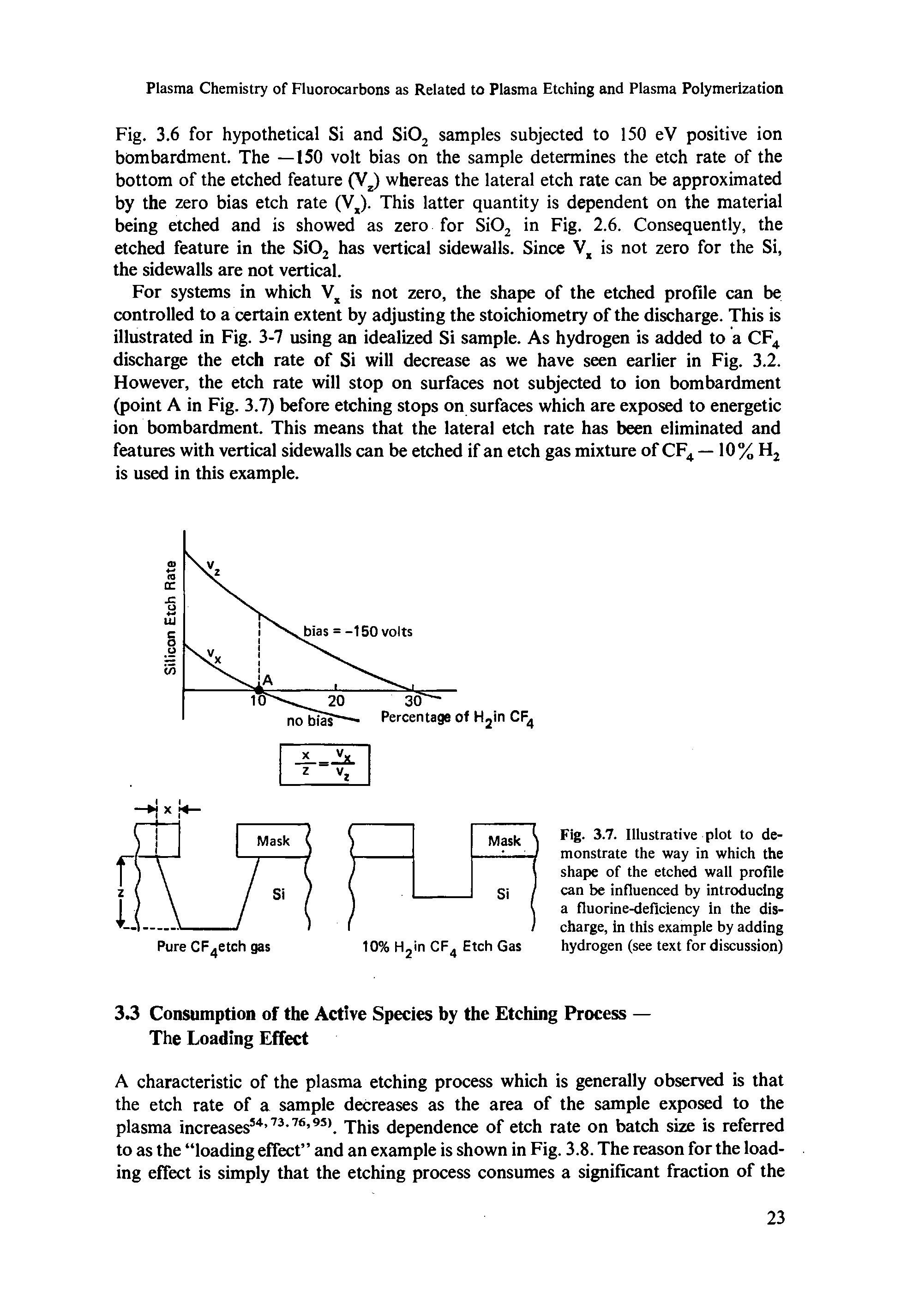 Fig. 3.6 for hypothetical Si and SiO samples subjected to 150 eV positive ion bombardment. The —150 volt bias on the sample determines the etch rate of the bottom of the etched feature (V ) whereas the lateral etch rate can be approximated by the zero bias etch rate (V,). This latter quantity is dependent on the material being etched and is showed as zero for Si02 in Fig. 2.6. Consequently, the etched feature in the SiOj has vertical sidewalls. Since is not zero for the Si, the sidewalls are not vertical.