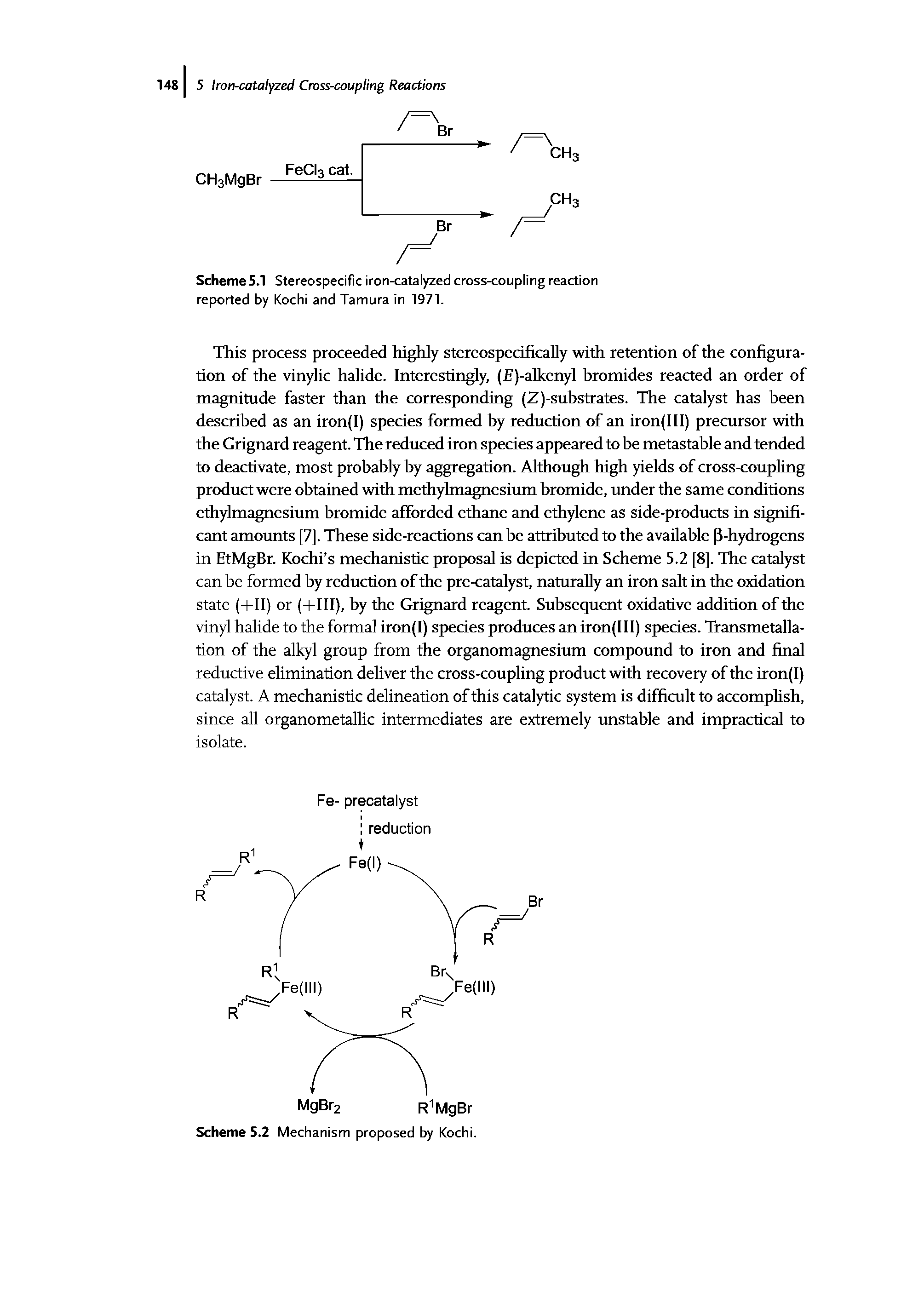 Scheme 5.1 Stereospecific iron-catalyzed cross-coupling reaction reported by Kochi and Tamura in 1971.