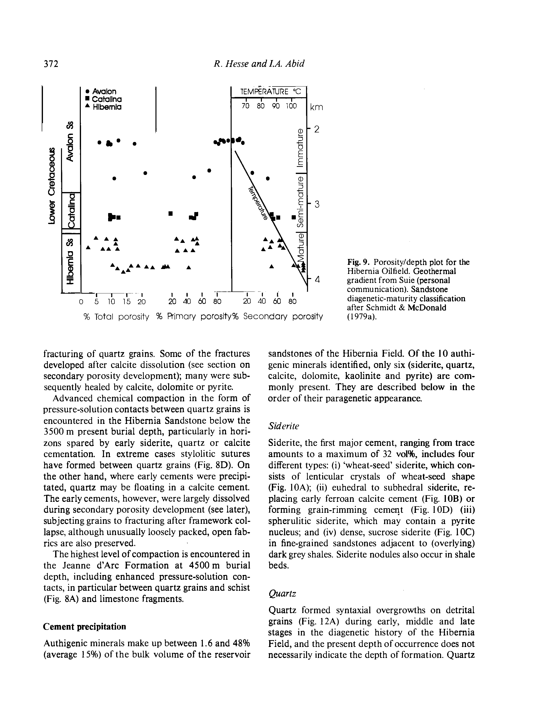 Fig. 9. Porosity/depth plot for the Hibernia Oilfield. Geothermal gradient from Suie (personal communication). Sandstone diagenetic-maturity classification after Schmidt McDonald (1979a).