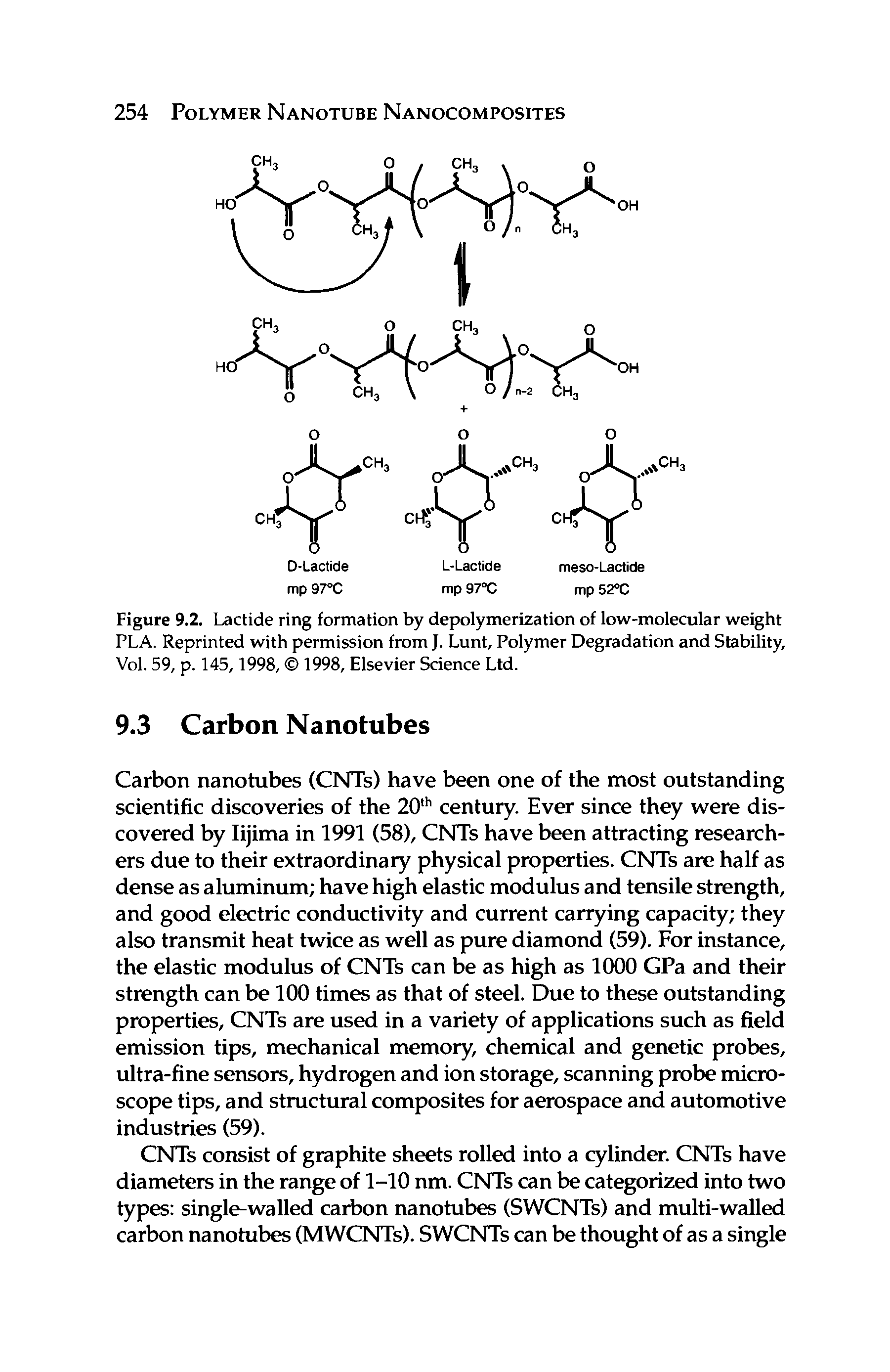 Figure 9.2. Lactide ring formation by depolymerization of low-molecular weight PLA. Reprinted with permission from J. Lunt, Polymer Degradation and Stability, Vol. 59, p. 145,1998, 1998, Elsevier Science Ltd.