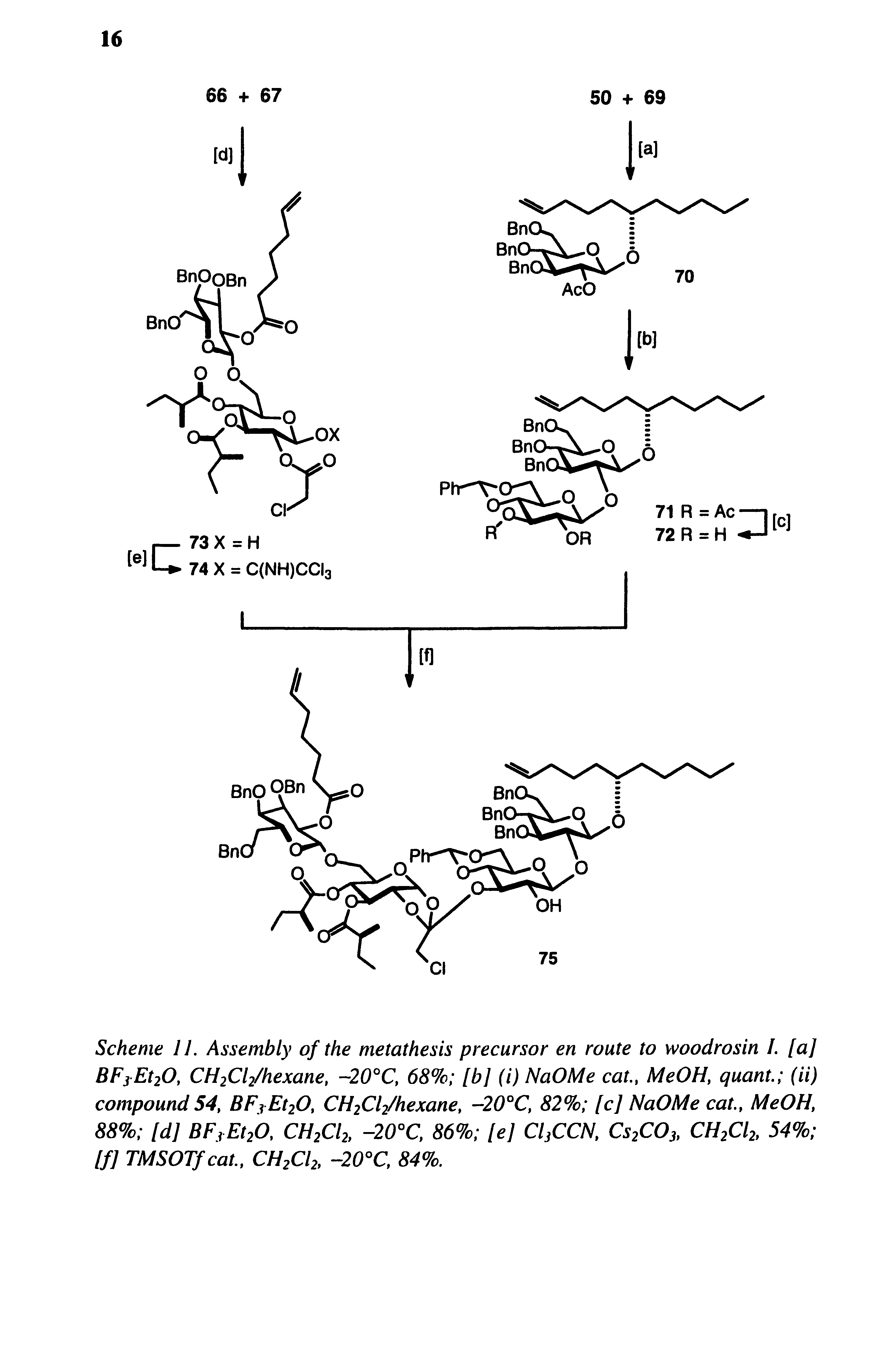 Scheme 11. Assembly of the metathesis precursor en route to woodrosin I. [a] BF3Et20, CH2Cl2/hexane, - 20°C, 68% [b] (i) NaOMe cat., MeOH, quant. (ii) compound 54, BF3Et20, CH2Cl2/hexane, -20°C, 82% [c] NaOMe cat., MeOH, 88% Id] BF3Et20, CH2Cl2, -20°C, 86% [e] CljCCN, Cs2C03, CH2Cl2, 54% [f] TMSOTf cat., CH2Cl2, -20°C, 84%.