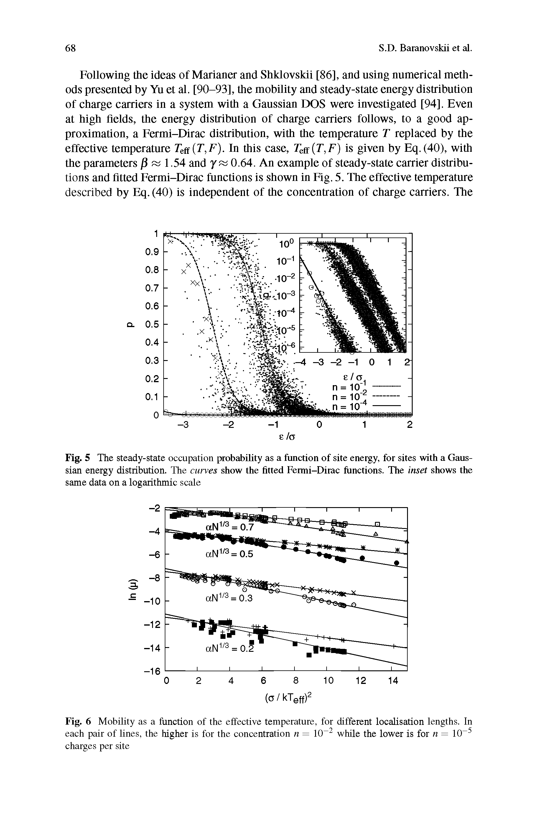 Fig. 5 The steady-state occupation probability as a function of site energy, for sites with a Gaussian energy distribution. The curves show the fitted Fermi-Dirac functions. The inset shows the same data on a logarithmic scale...