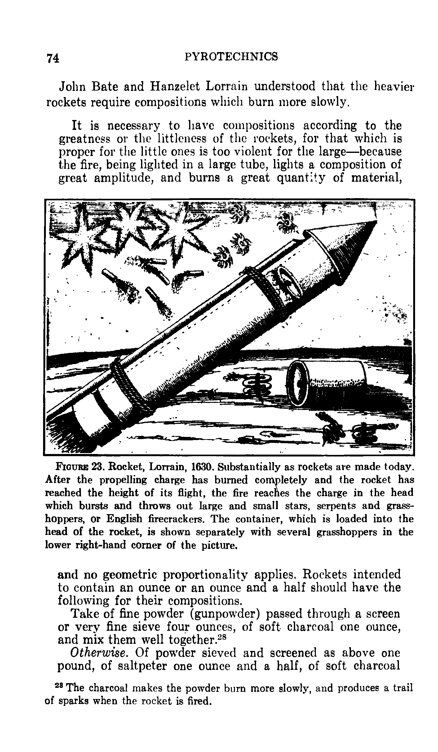 Figure 23. Rocket, Lorrain, 1630. Substantially as rockets are made today. After the propelling charge has burned completely and the rocket has reached the height of its flight, the fire reaches the charge in the head which bursts and throws out large and small stars, serpents and grasshoppers, or English firecrackers. The container, which is loaded into the head of the rocket, is shown separately with several grasshoppers in the lower right-hand comer of the picture.