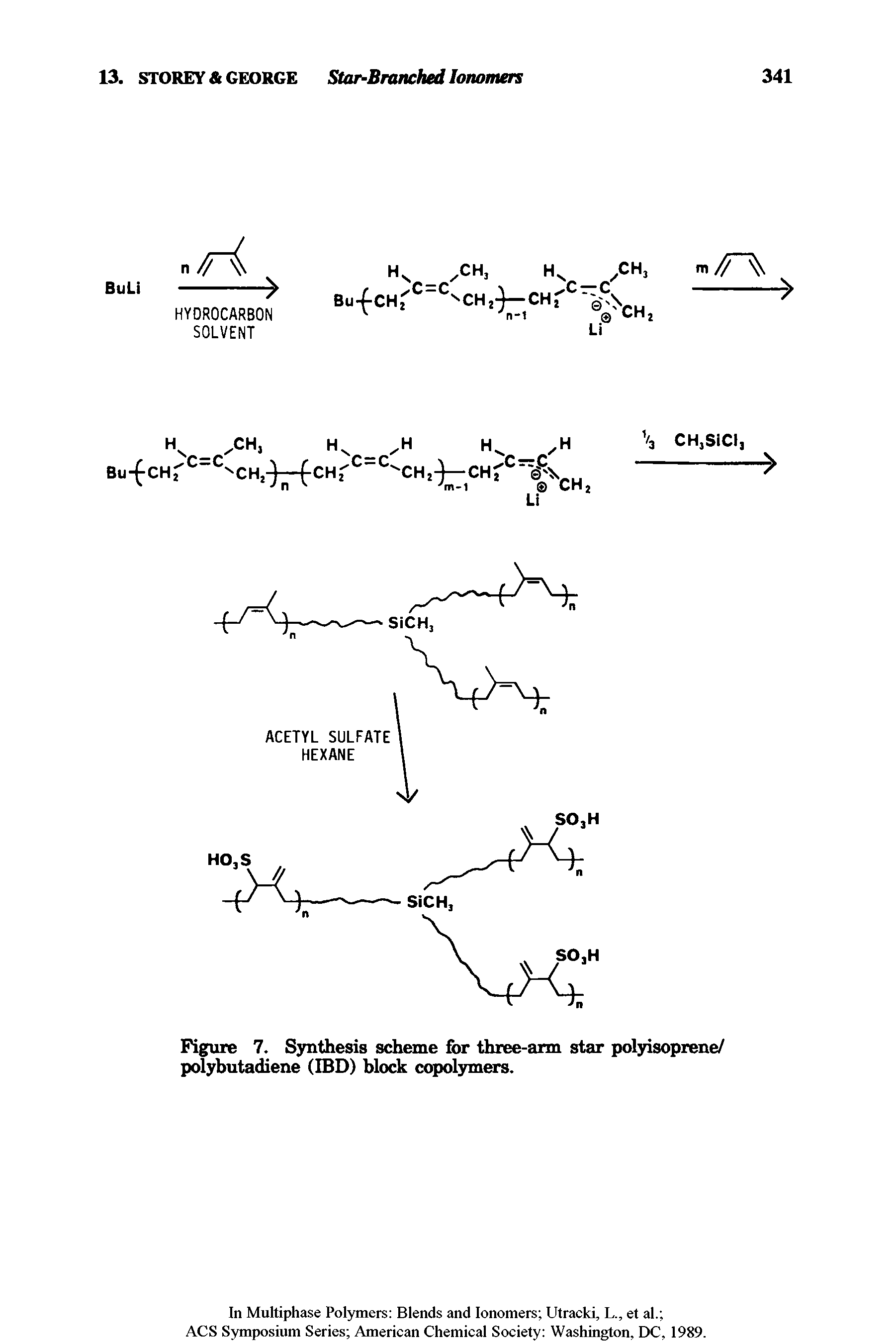 Figure 7. Synthesis scheme for three-arm star polyisoprene/ polybutadiene (IBD) block copolymers.