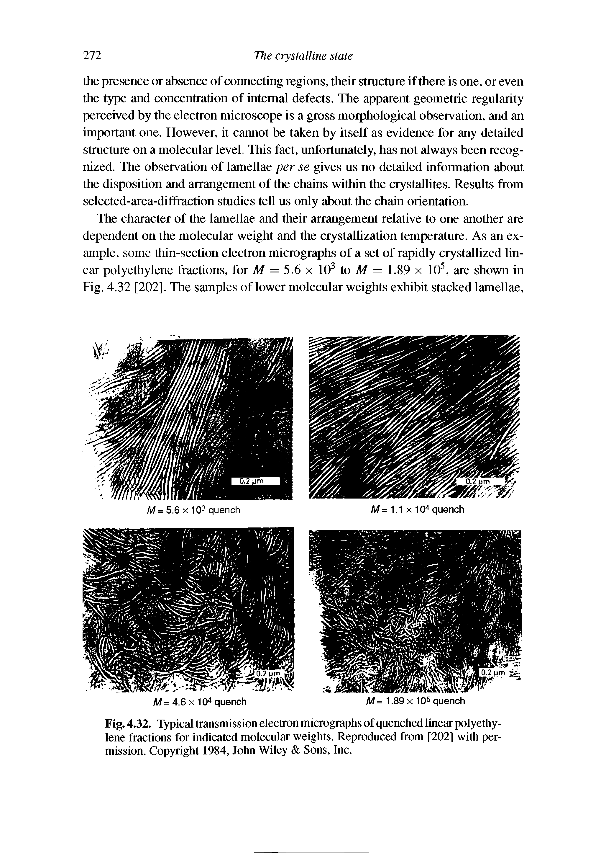 Fig. 4.32. Typical transmission electron micrographs of quenched linear polyethylene fractions for indicated molecular weights. Reproduced from [202] with permission. Copyright 1984, John Wiley Sons, Inc.