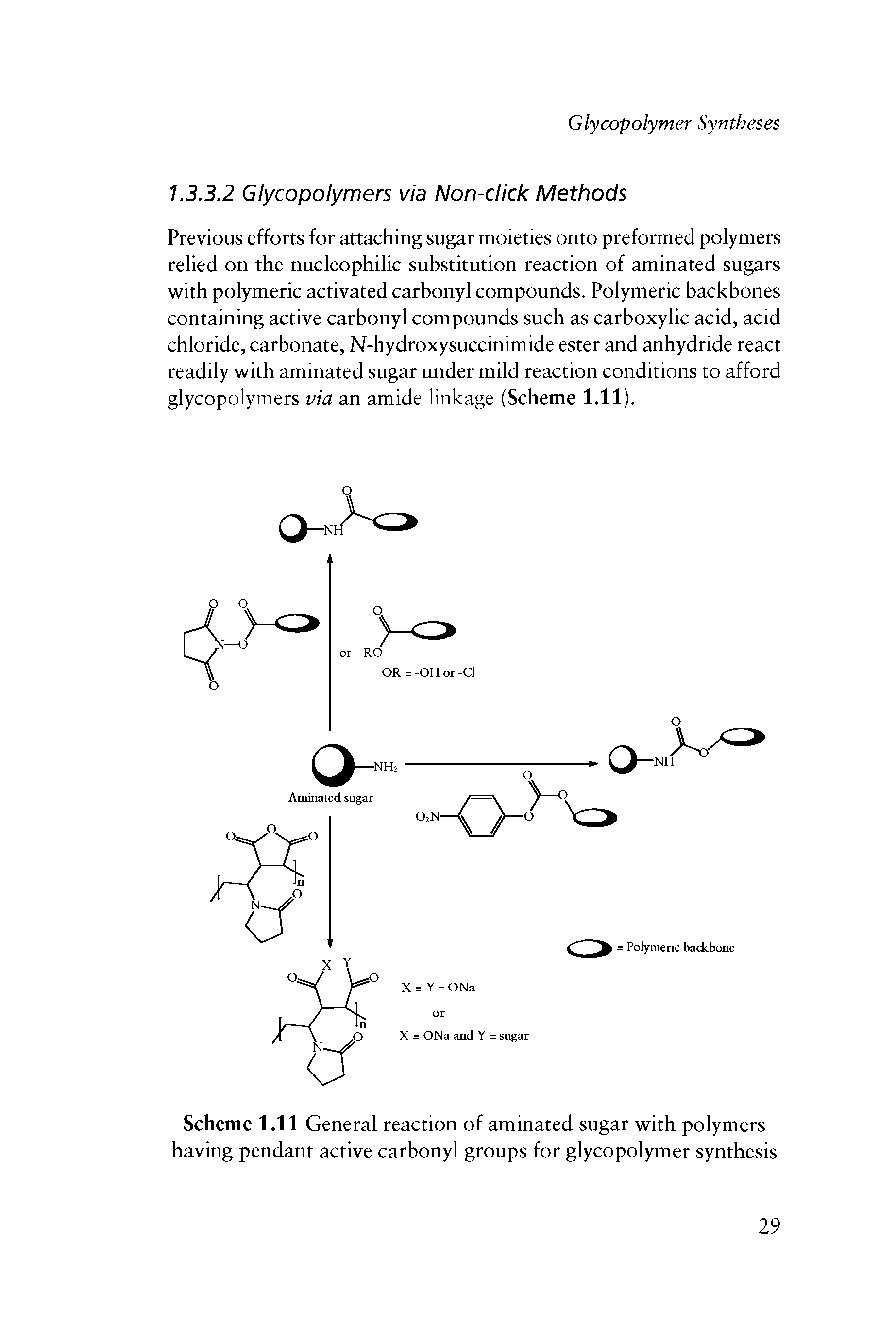 Scheme 1.11 General reaction of aminated sugar with polymers having pendant active carbonyl groups for glycopolymer synthesis...