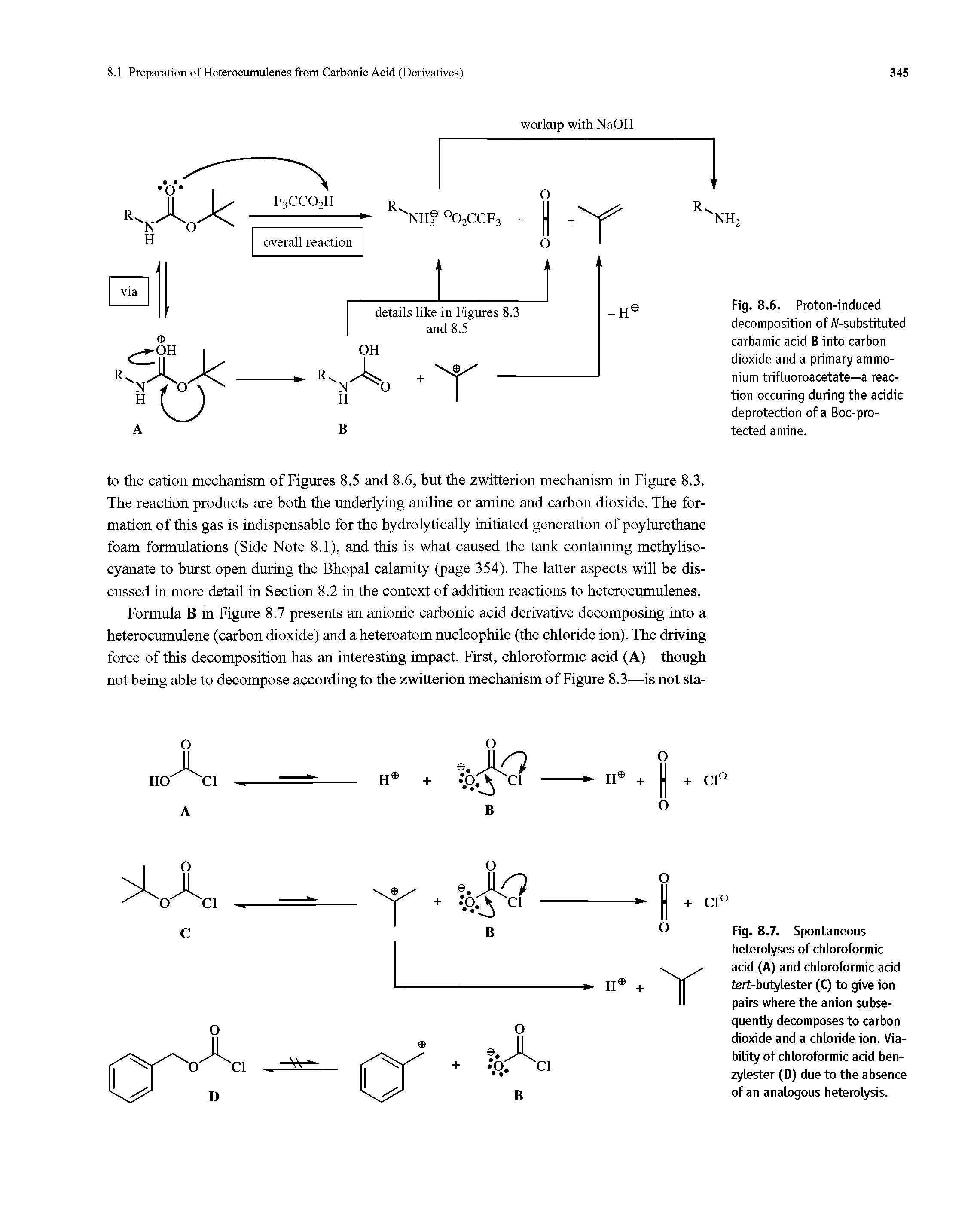 Fig. 8.6. Proton-induced decomposition of /(/-substituted carbamic acid B into carbon dioxide and a primary ammonium trifluoroacetate—a reaction occuring during the acidic deprotection of a Boc-pro-tected amine.