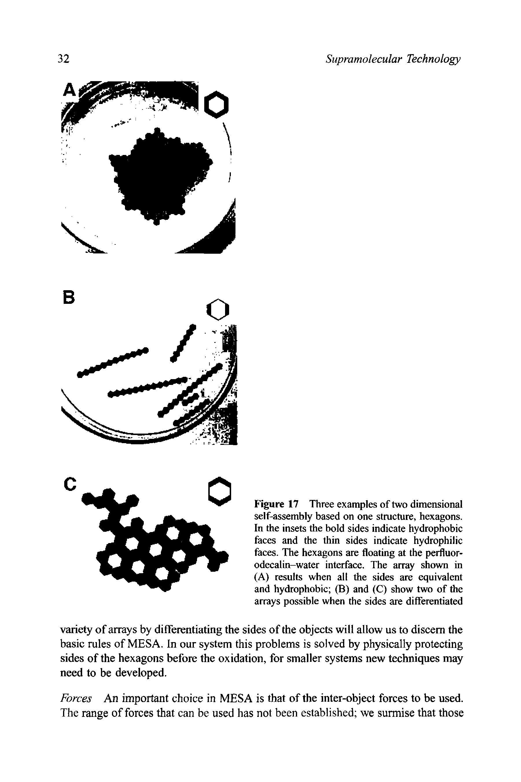 Figure 17 Three examples of two dimensional self-assembly based on one structure, hexagons. In the insets the bold sides indicate hydrophobic faces and the thin sides indicate hydrophilic faces. The hexagons are floating at the perSfluor-odecalin-water interface. The array shown in (A) results when all the sides are equivalent and hydrophobic (B) and (C) show two of the arrays possible when the sides are differentiated...