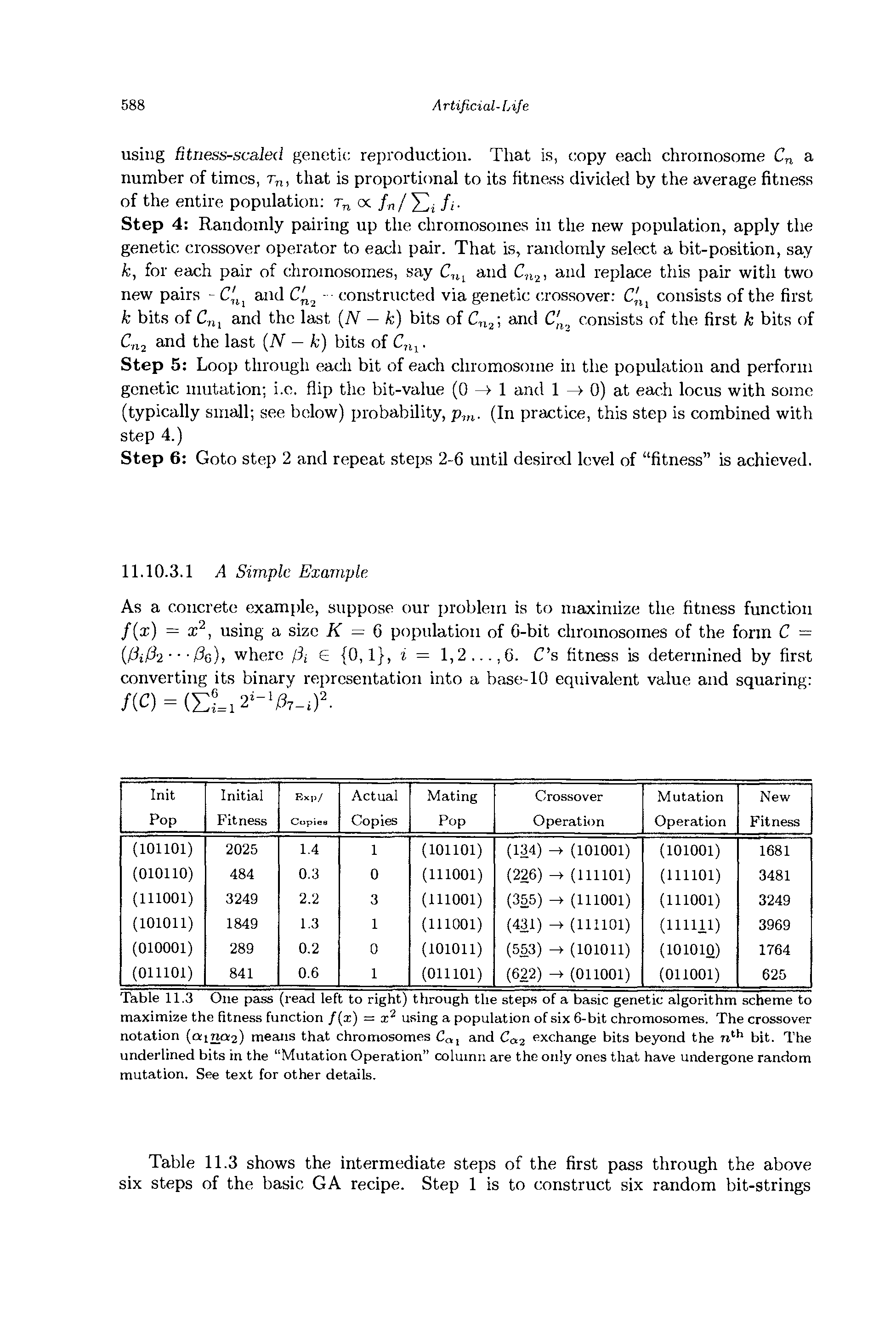 Table 11.3 One pass (read left to right) through the step.s of a basic genetic algorithm scheme to maximize the fitness function f x) = using a population of six 6-bit chromosomes. The crossover notation aina2) means that chromosomes Ca, and Ca2 exchange bits beyond the bit. The underlined bits in the Mutation Operation column are the only ones that have undergone random mutation. See text for other details.