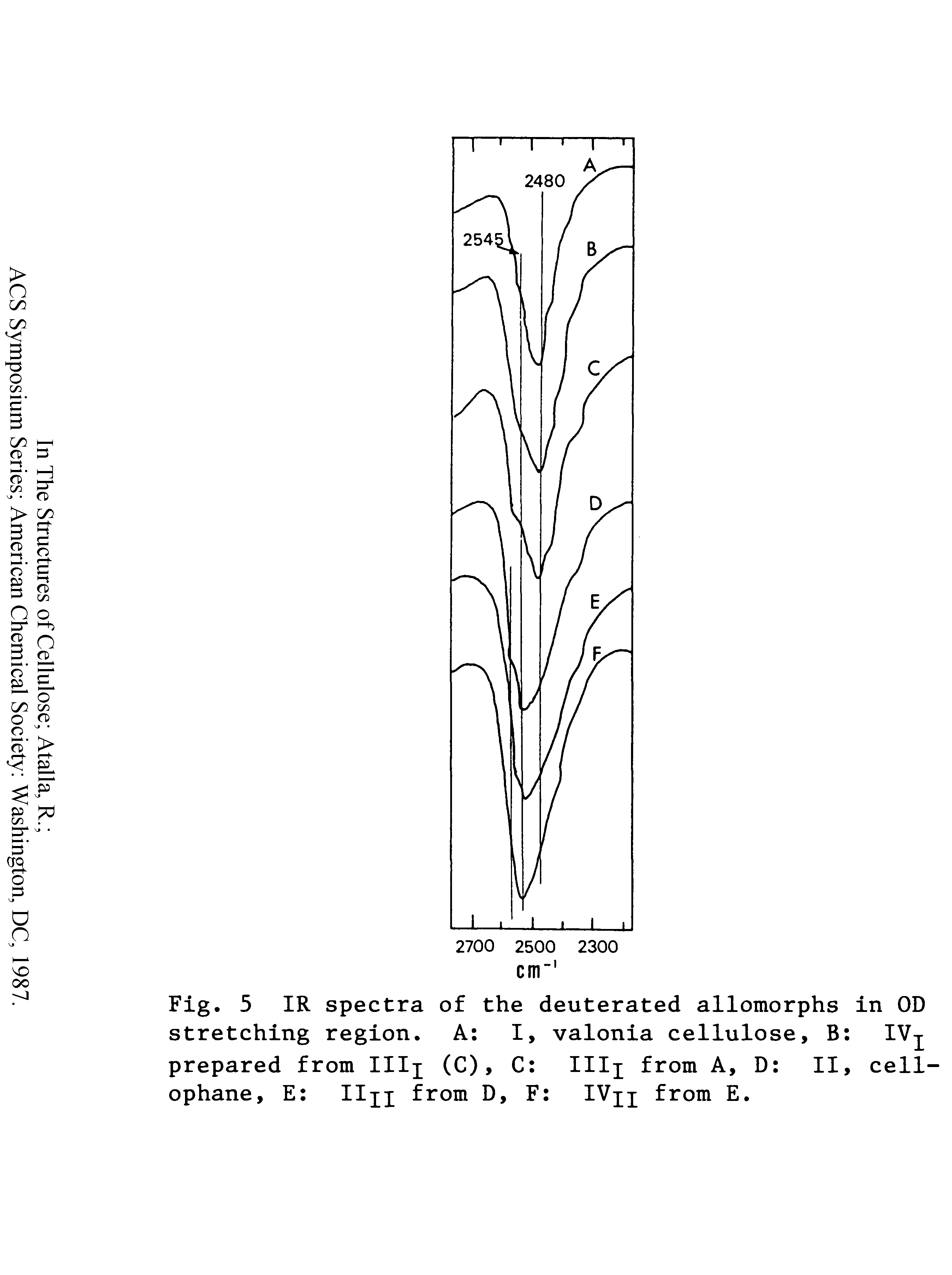 Fig. 5 IR spectra of the deuterated allomorphs in OD stretching region. A I, valonia cellulose, B IV prepared from IHi (C), C IHi from A, D II, ophane, E Hn from D, F IVxi E.