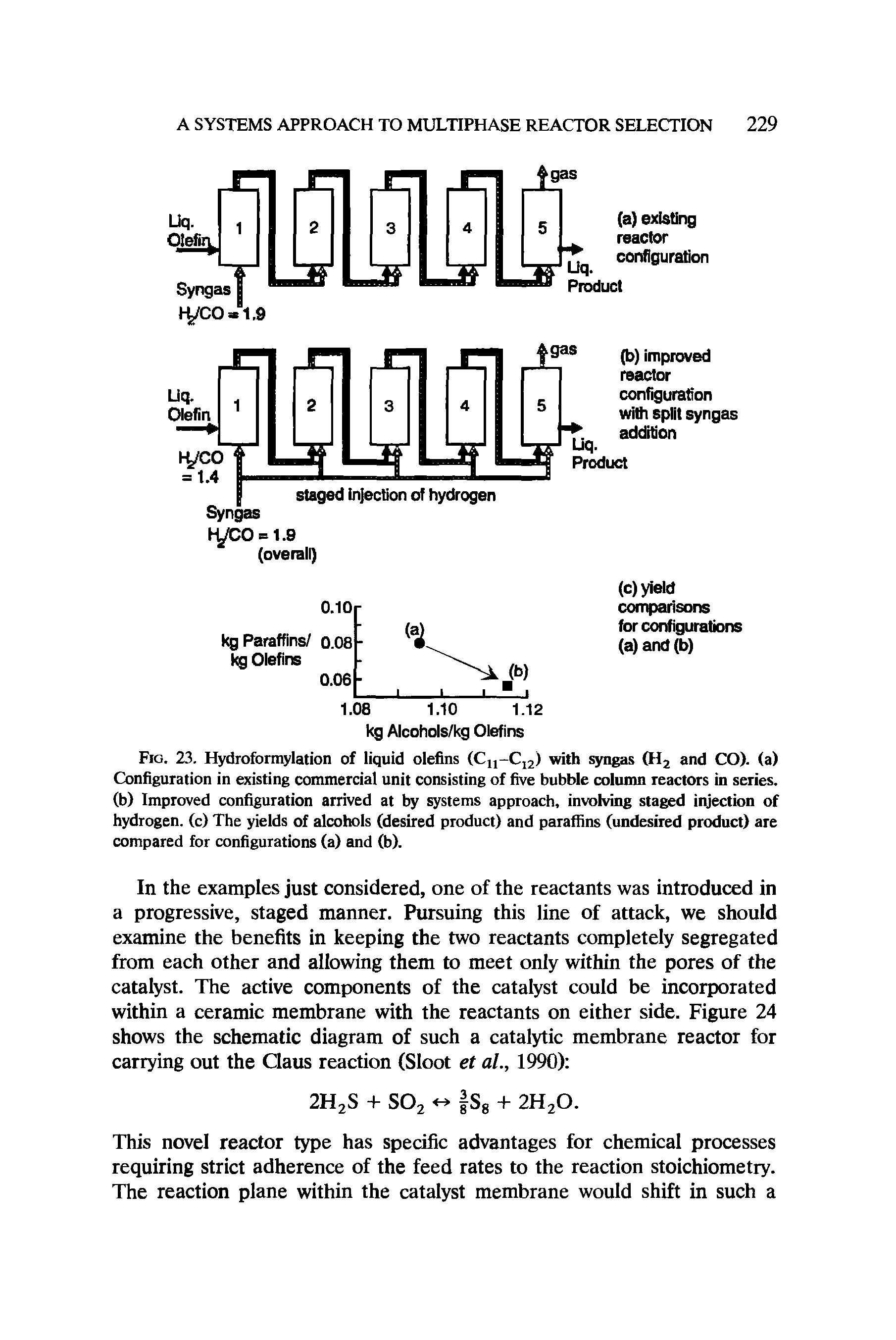 Fig. 23. Hydroformylation of liquid olefins (Cn-C12) with syngas (H2 and CO), (a) Configuration in existing commercial unit consisting of five bubble column reactors in series, (b) Improved configuration arrived at by systems approach, involving staged injection of hydrogen, (c) The yields of alcohols (desired product) and paraffins (undesired product) are compared for configurations (a) and (b).