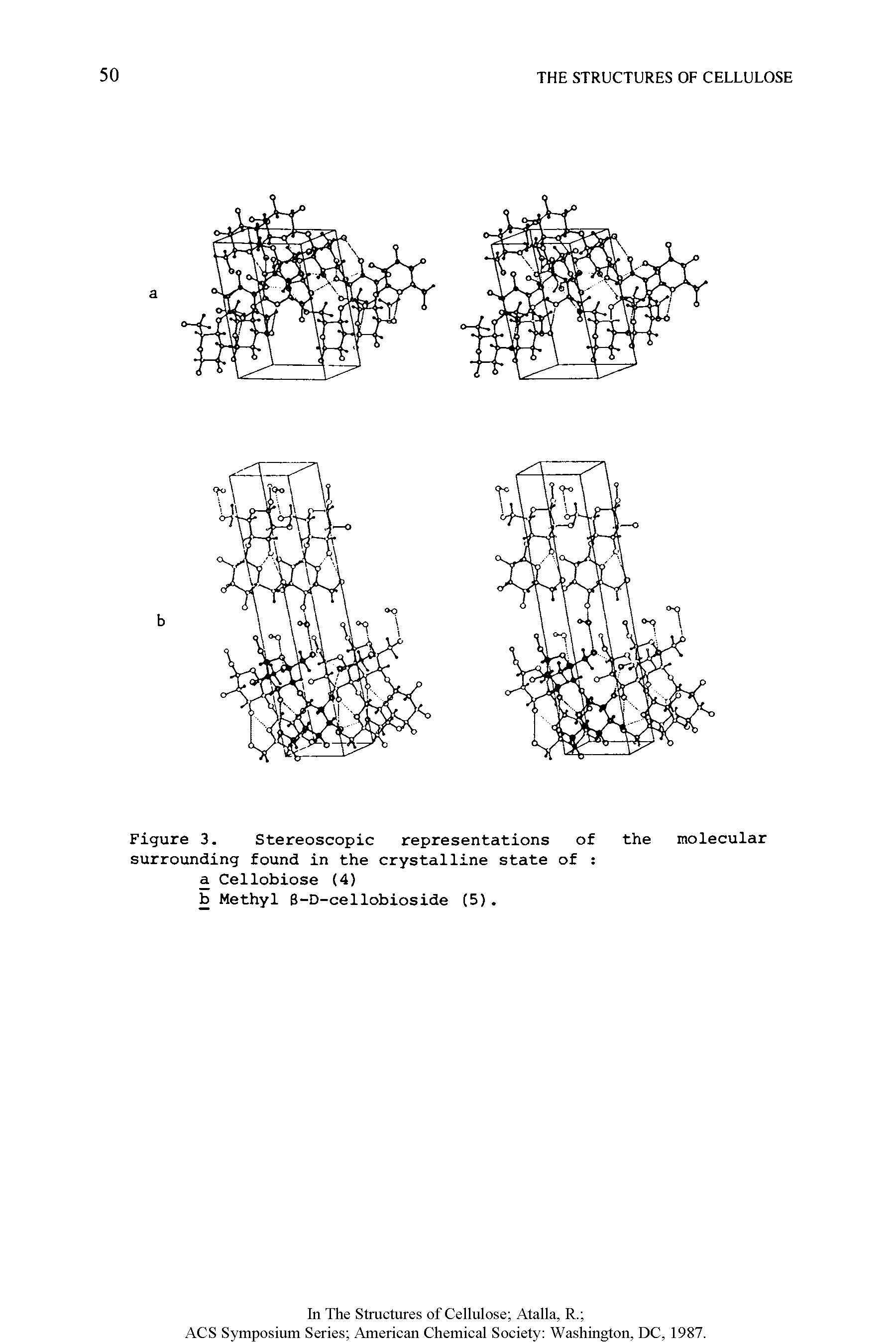 Figure 3. Stereoscopic representations of surrounding found in the crystalline state of a Cellobiose (4) b Methyl B-D-cellobioside (5).
