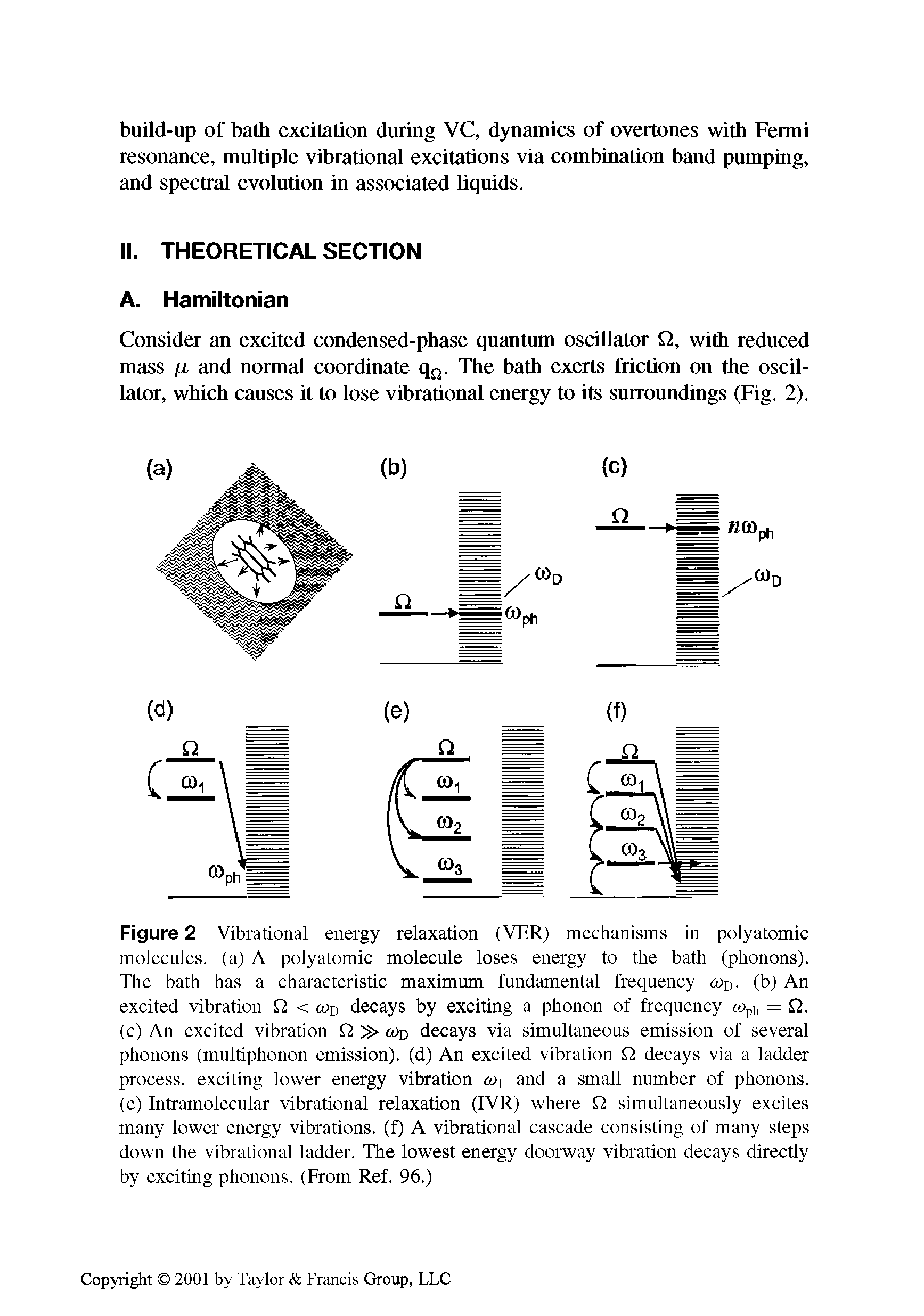 Figure 2 Vibrational energy relaxation (VER) mechanisms in polyatomic molecules, (a) A polyatomic molecule loses energy to the bath (phonons). The bath has a characteristic maximum fundamental frequency <x>D. (b) An excited vibration 2 < <x>D decays by exciting a phonon of frequency <x>ph = 2. (c) An excited vibration >d decays via simultaneous emission of several phonons (multiphonon emission), (d) An excited vibration 2 decays via a ladder process, exciting lower energy vibration a> and a small number of phonons, (e) Intramolecular vibrational relaxation (IVR) where 2 simultaneously excites many lower energy vibrations, (f) A vibrational cascade consisting of many steps down the vibrational ladder. The lowest energy doorway vibration decays directly by exciting phonons. (From Ref. 96.)...