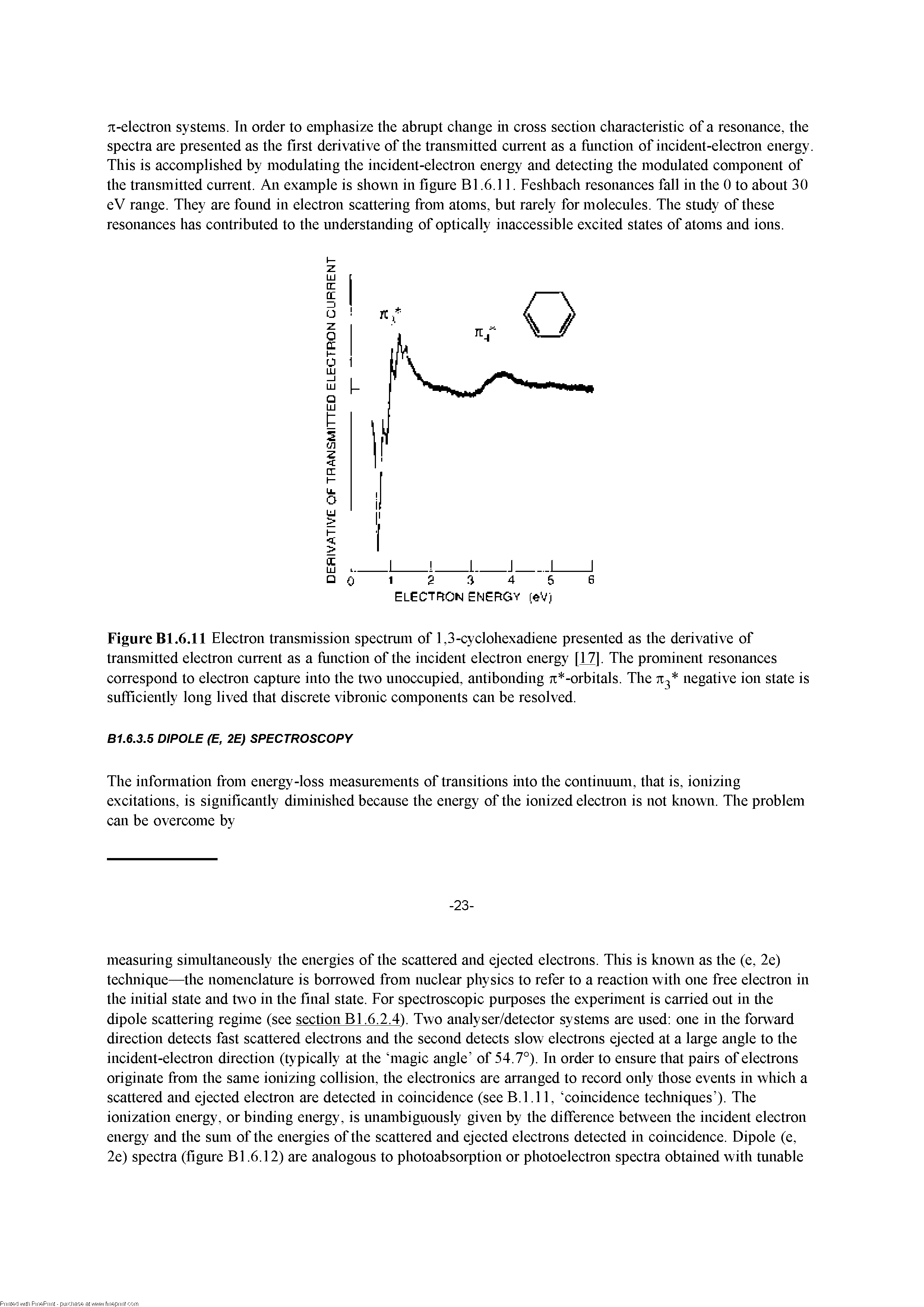 Figure Bl.6.11 Electron transmission spectrum of 1,3-cyclohexadiene presented as the derivative of transmitted electron current as a fiinction of the incident electron energy [17]. The prominent resonances correspond to electron capture into the two unoccupied, antibonding a -orbitals. The negative ion state is sufficiently long lived that discrete vibronic components can be resolved.