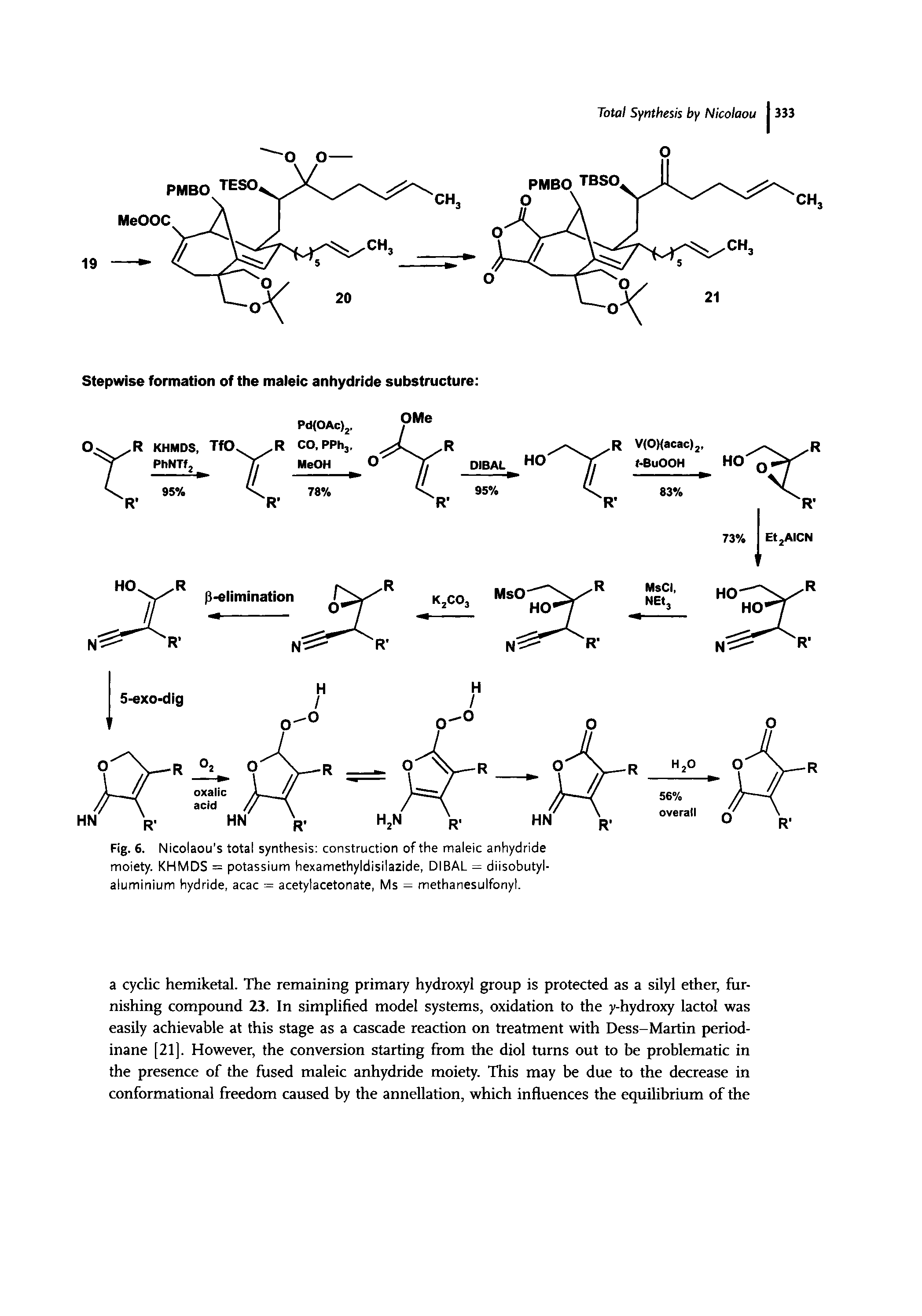 Fig. 6. Nicolaou s total synthesis construction of the maleic anhydride moiety. KHMDS = potassium hexamethyldisilazide, DIBAL = diisobutyl-aluminium hydride, acac = acetylacetonate, Ms = methanesulfonyl.
