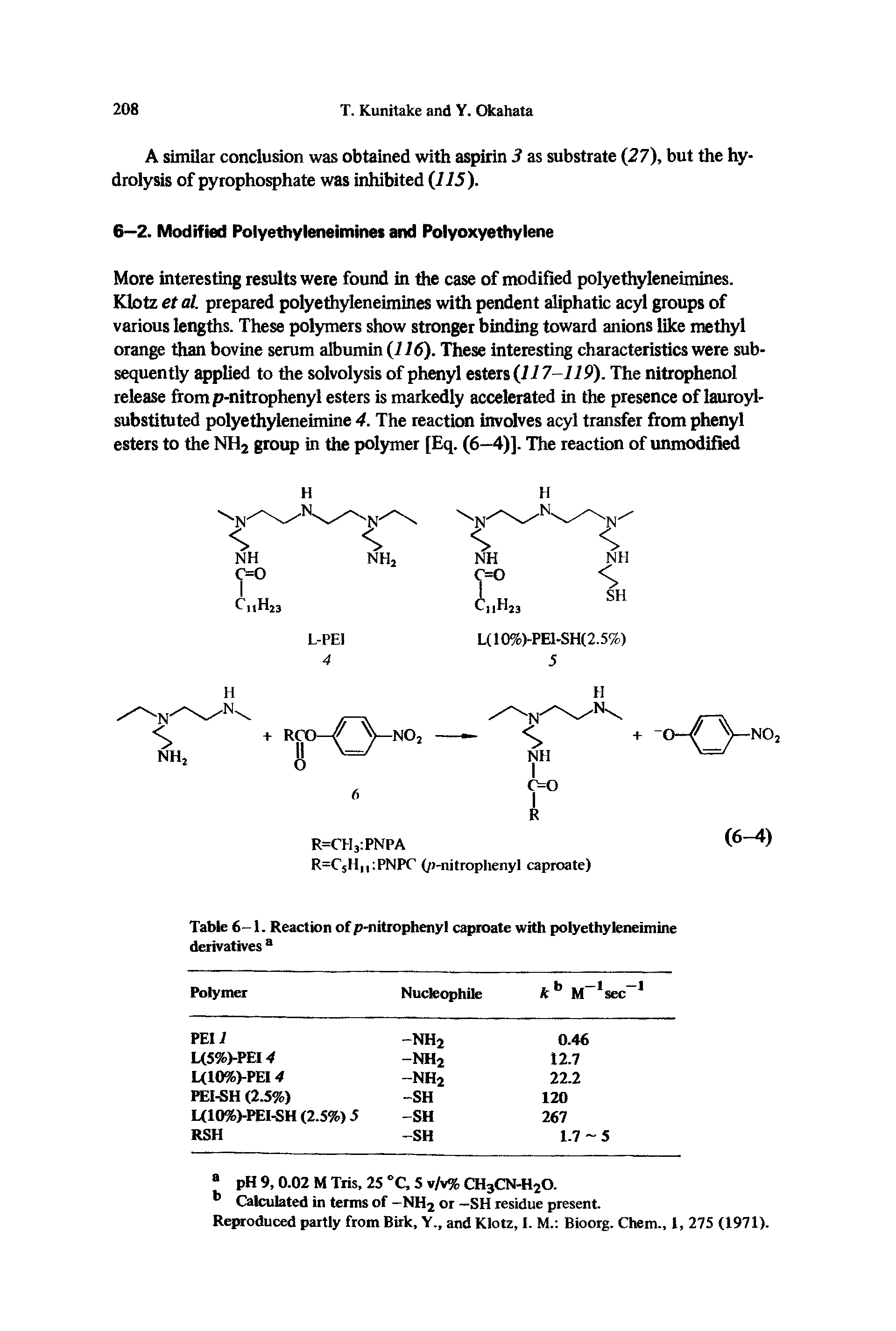 Table 6-1. Reaction of p-nitrophenyl caproate with polyethyleneimine derivatives ...