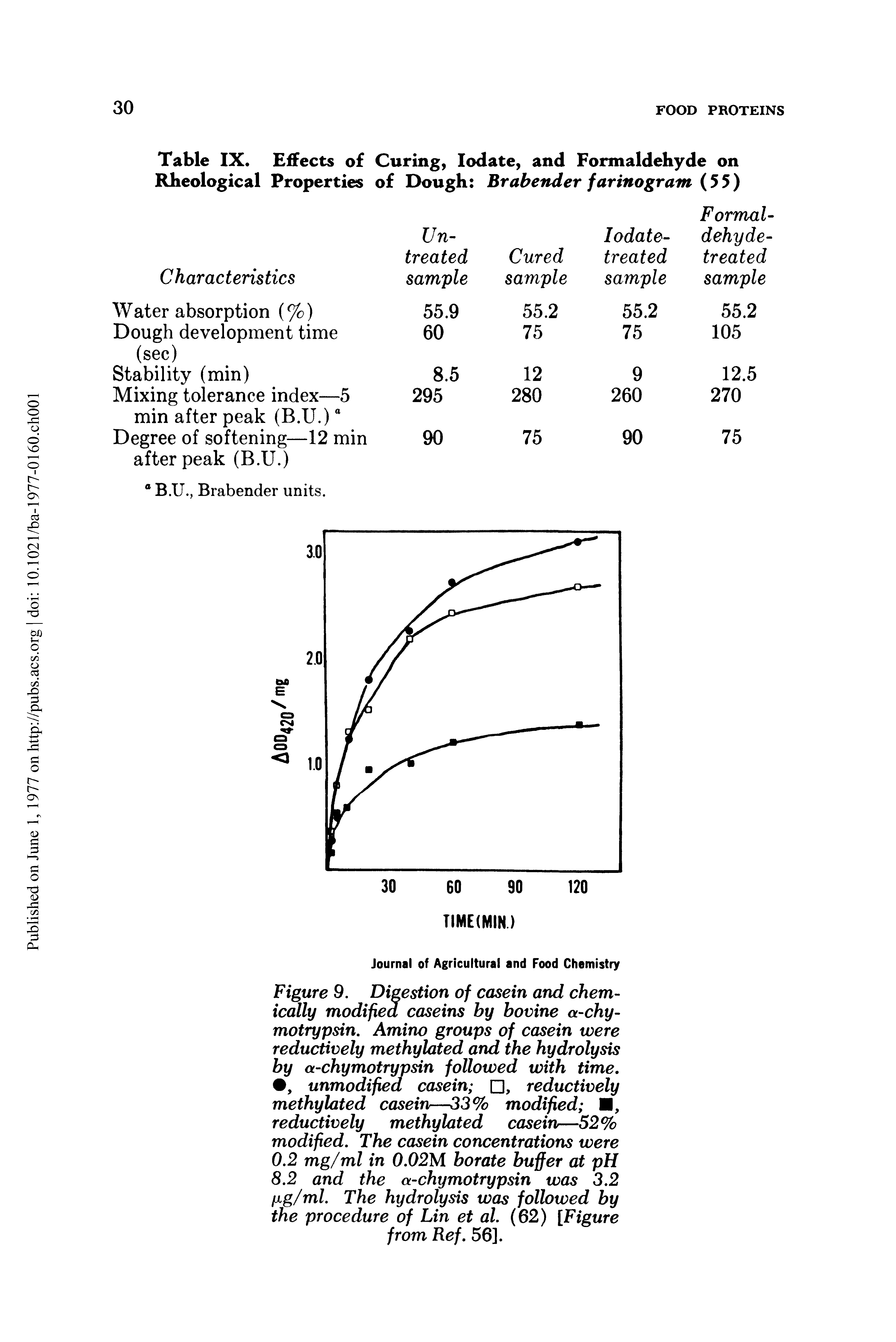 Figure 9. Digestion of casein and chemically modified caseins by bovine a-chy-motrypsin. Amino groups of casein were reductively methylated and the hydrolysis by a-chymotrypsin followed with time., unmodified casein , reductively methylated casein—33% modified , reductively methylated casein—52% modified. The casein concentrations were 0.2 mg/ml in 0.02M borate buffer at pH 8.2 and the a-chymotrypsin was 3.2 fjig/ml. The hydrolysis was followed by the procedure of Lin et al. (62) [Figure from Ref. 56].