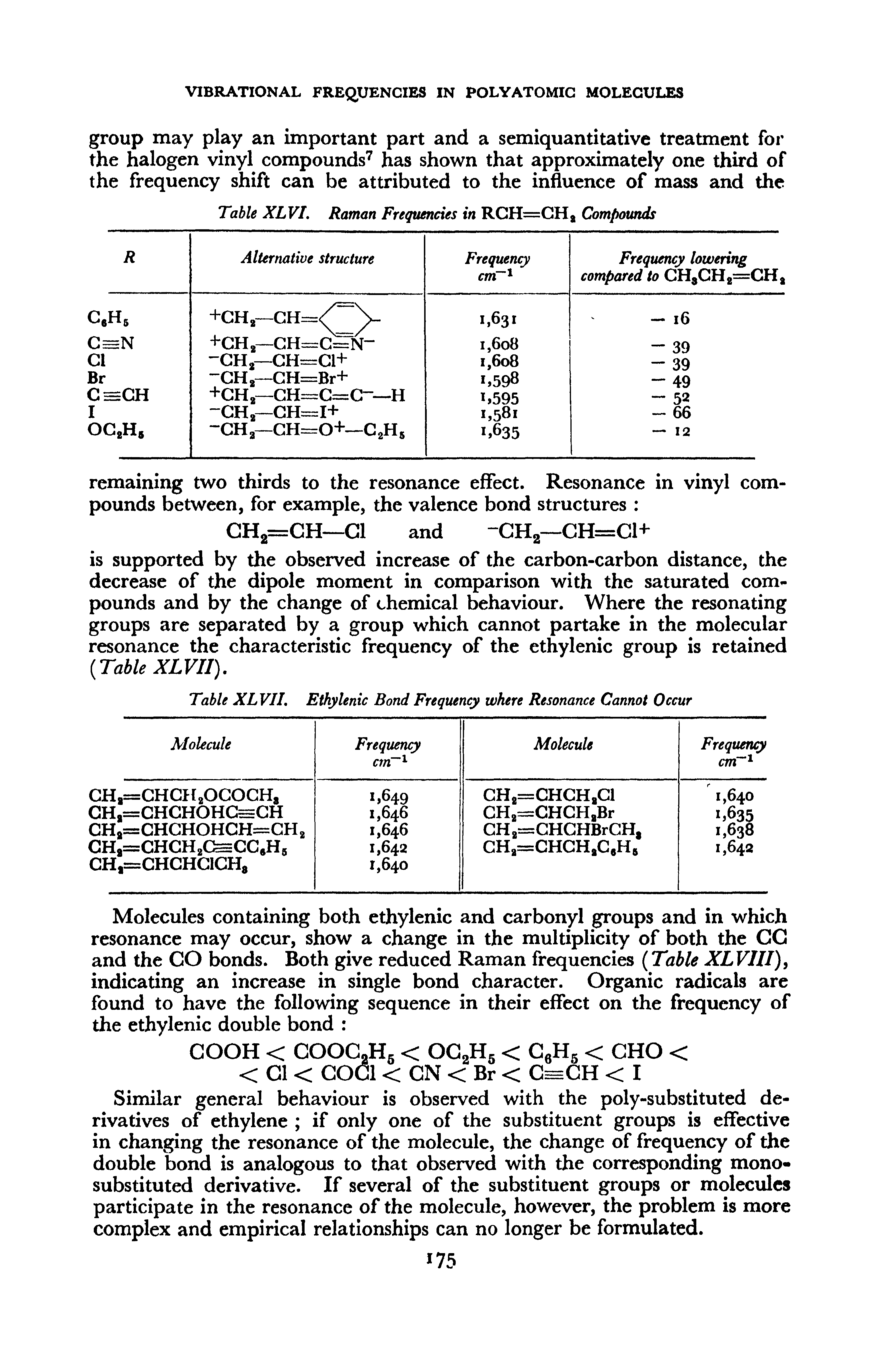 Table XLVII. Ethylenic Bond Frequency where Resonance Cannot Occur...