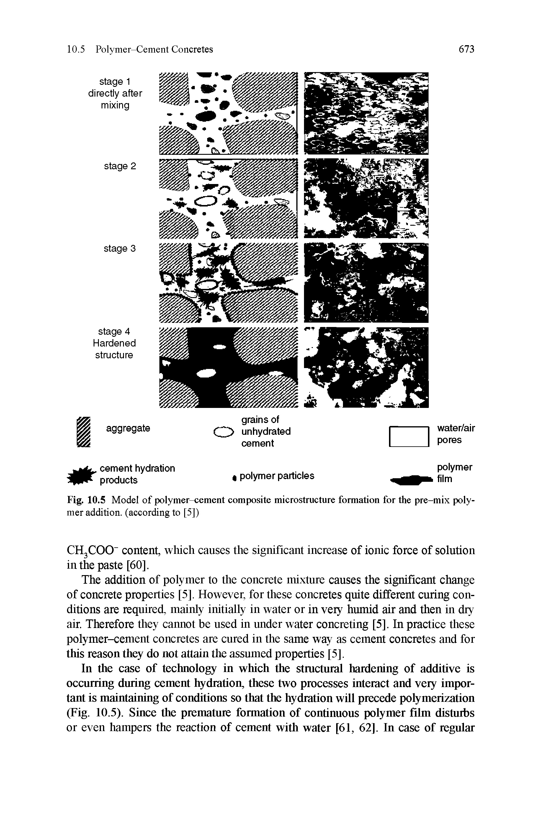 Fig. 10.5 Model of polymer-cement composite microstructure formation for the pre-mix polymer addition, (according to [5])...