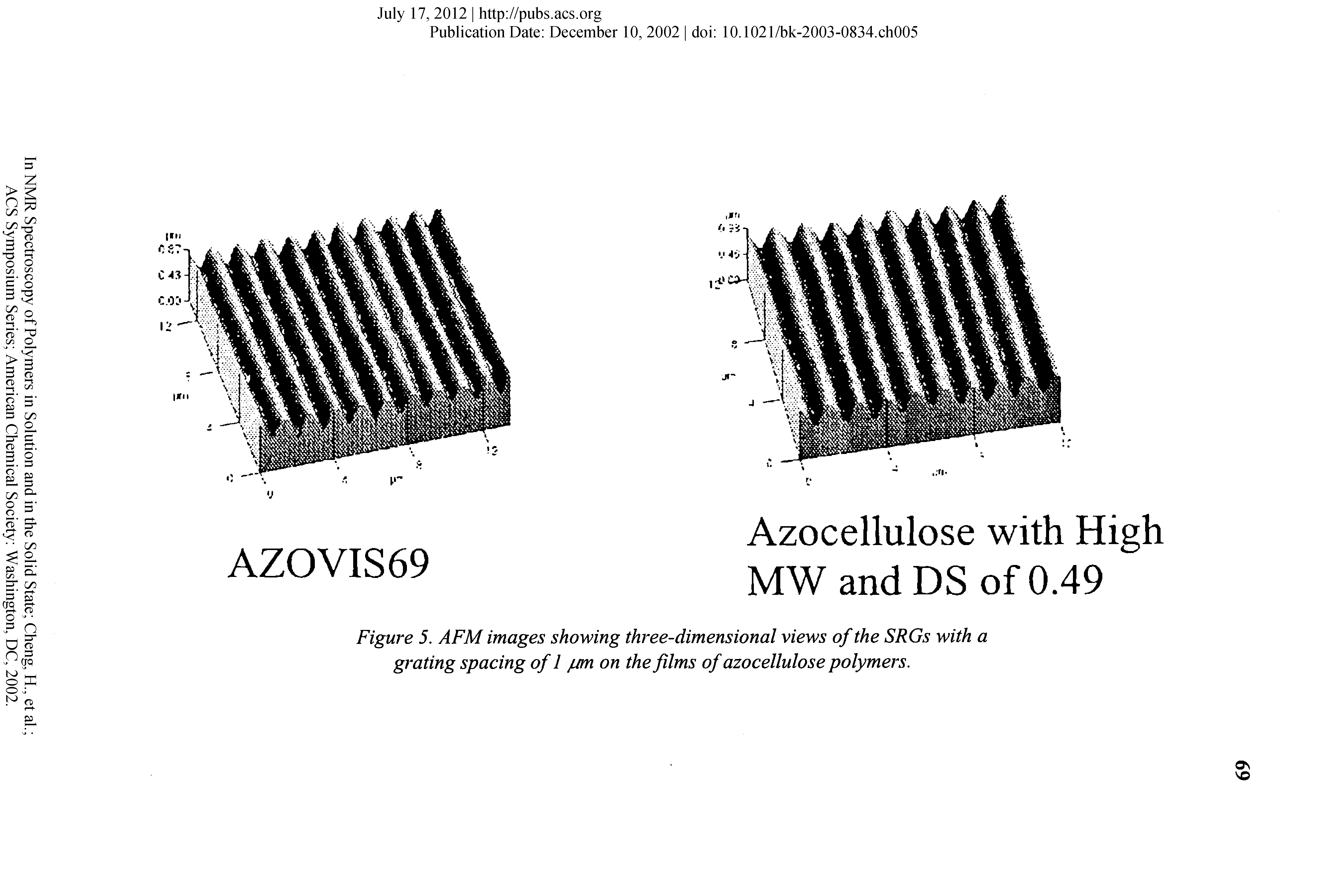 Figure 5. AFM images showing three-dimensional views of the SRGs with a grating spacing of 1 /m on the films of azocellulose polymers.