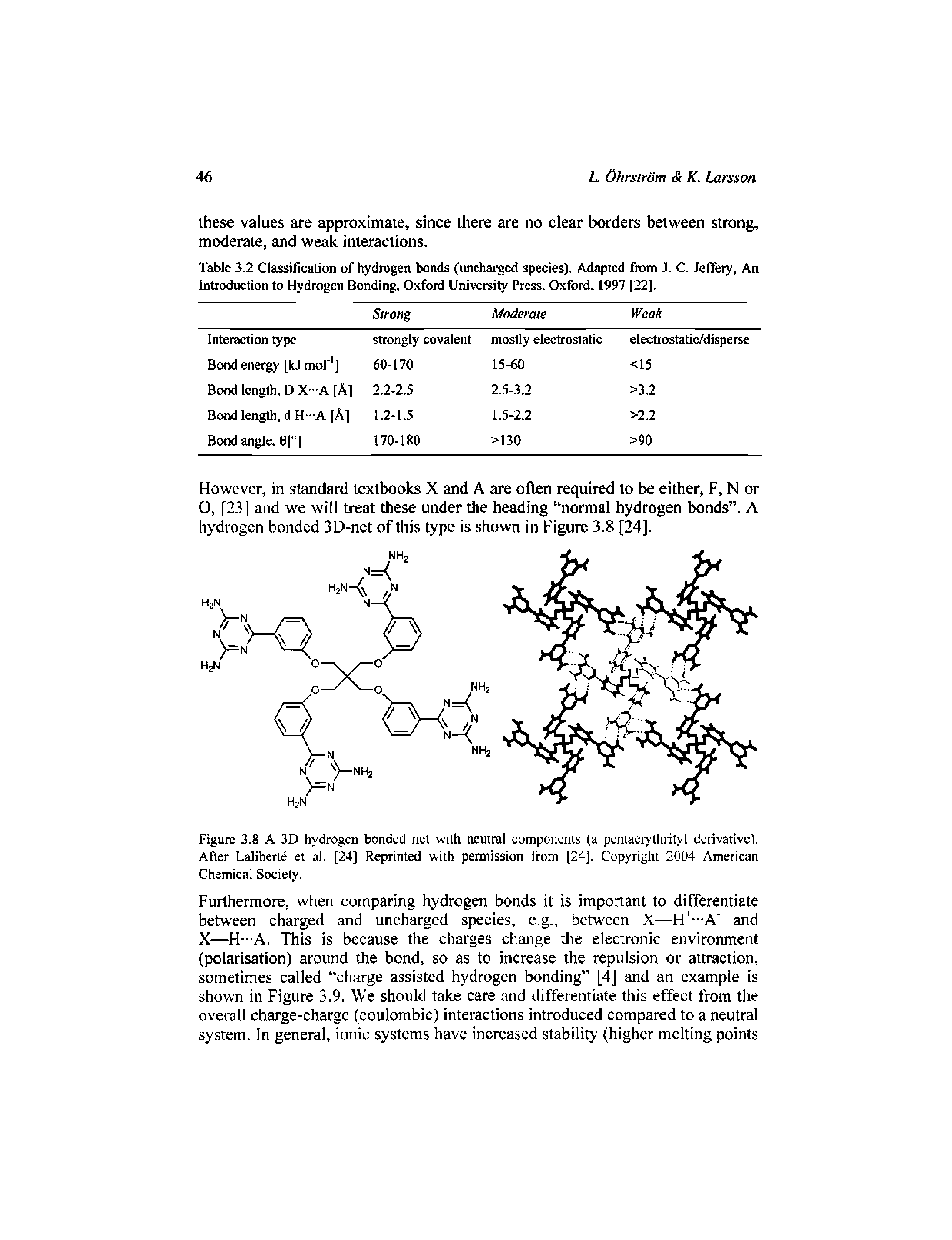 Table 3.2 Classification of hydrogen bonds (uncharged species). Adapted from J. C. Jeffery, An Introduction to Hydrogen Bonding, Oxford Uniwrsity Press, Oxford. 1997 22],...