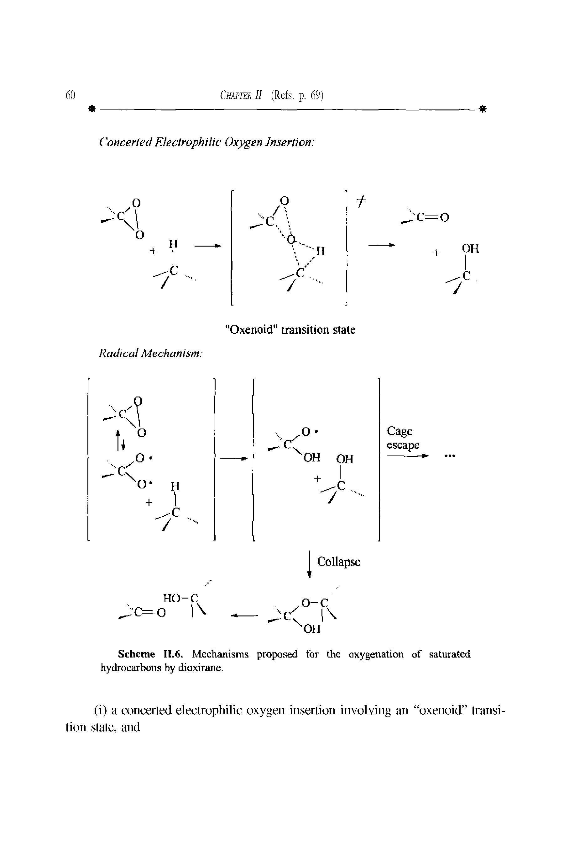 Scheme II.6. Mechanisms proposed for the oxygenation of saturated hydrocarbons by dioxirane.