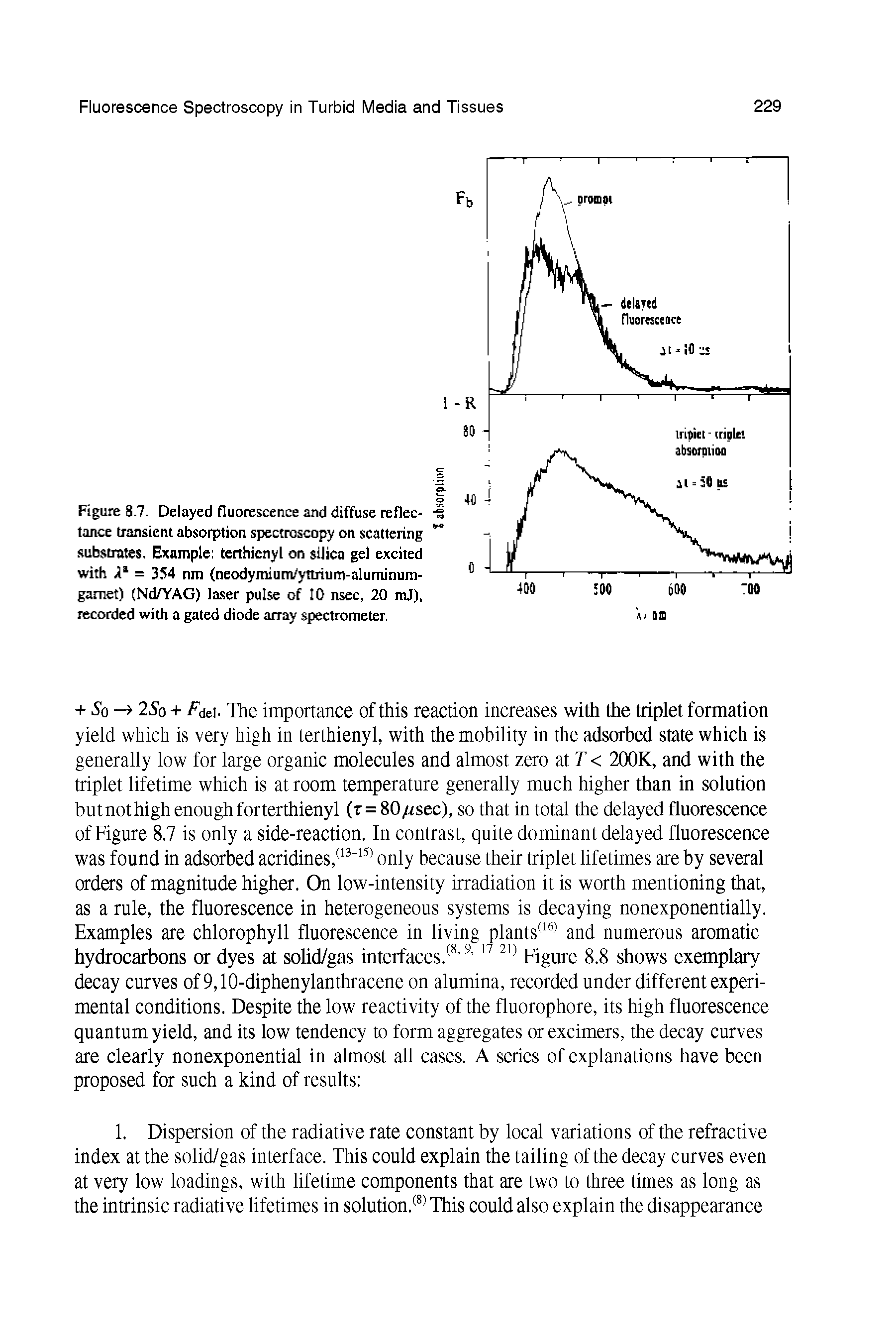 Figure 8.7. Delayed fluorescence and diffuse reflectance transient absorption spectroscopy on scattering substrates. Example terthicnyl on silica gel excited with = 354 nm (neodymium/yttrium-aluminum-garnet) (Nd/YAG) laser pulse of 10 nsec, 20 mj), recorded with a gated diode array spectrometer.