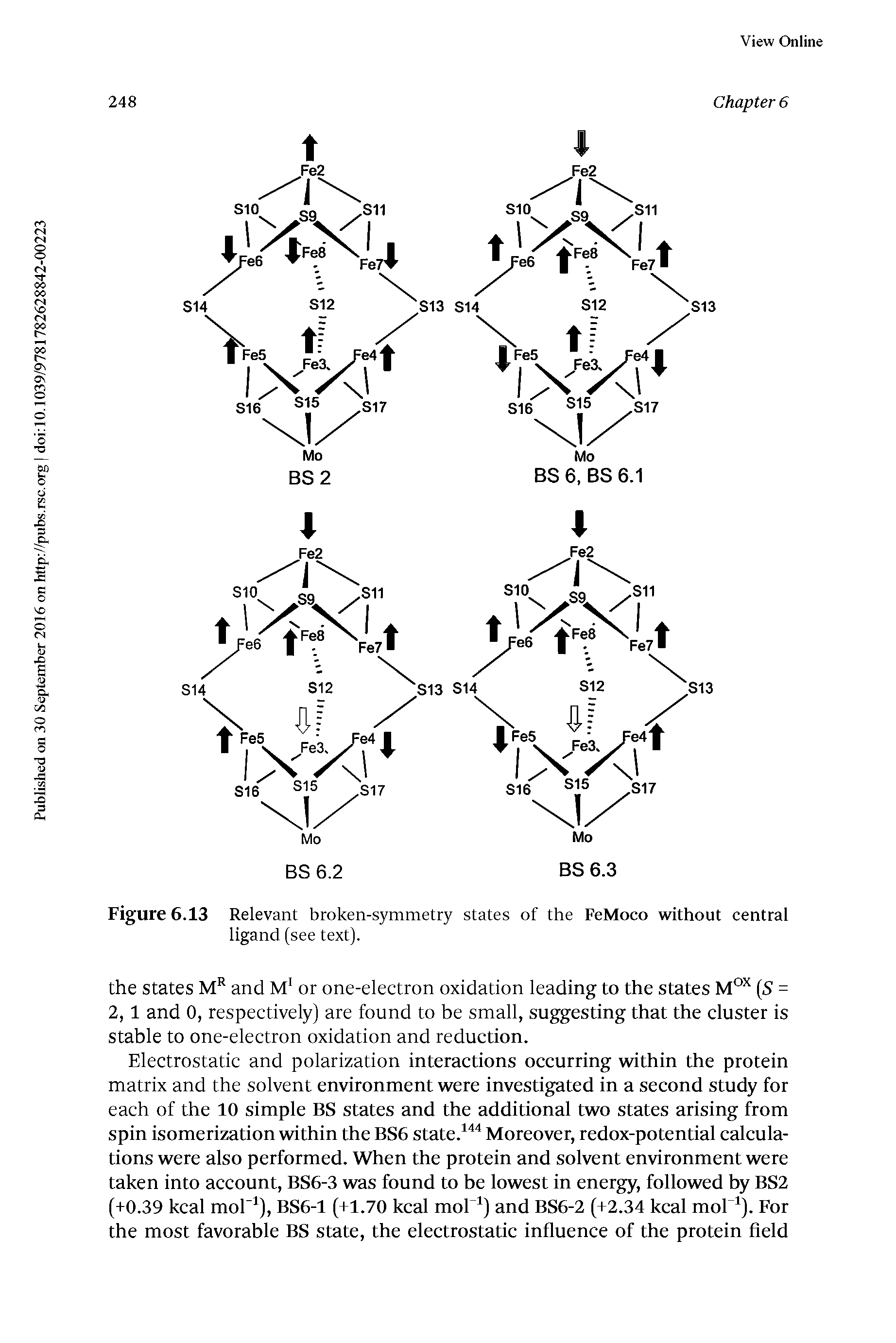 Figure 6.13 Relevant broken-symmetry states of the FeMoco without central ligand (see text).