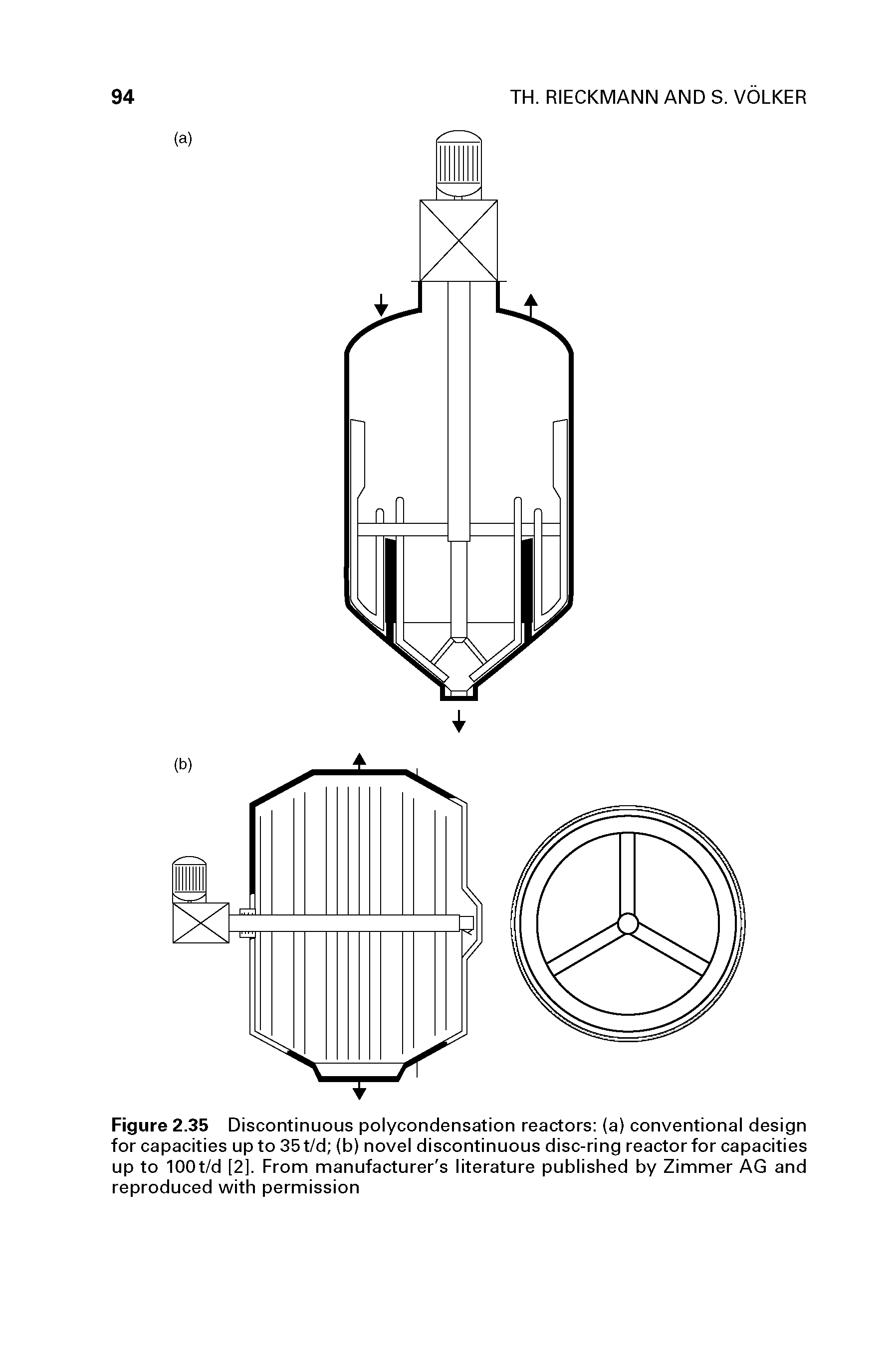 Figure 2.35 Discontinuous polycondensation reactors (a) conventional design for capacities up to 35t/d (b) novel discontinuous disc-ring reactor for capacities up to 100t/d [2]. From manufacturer s literature published by Zimmer AG and reproduced with permission...