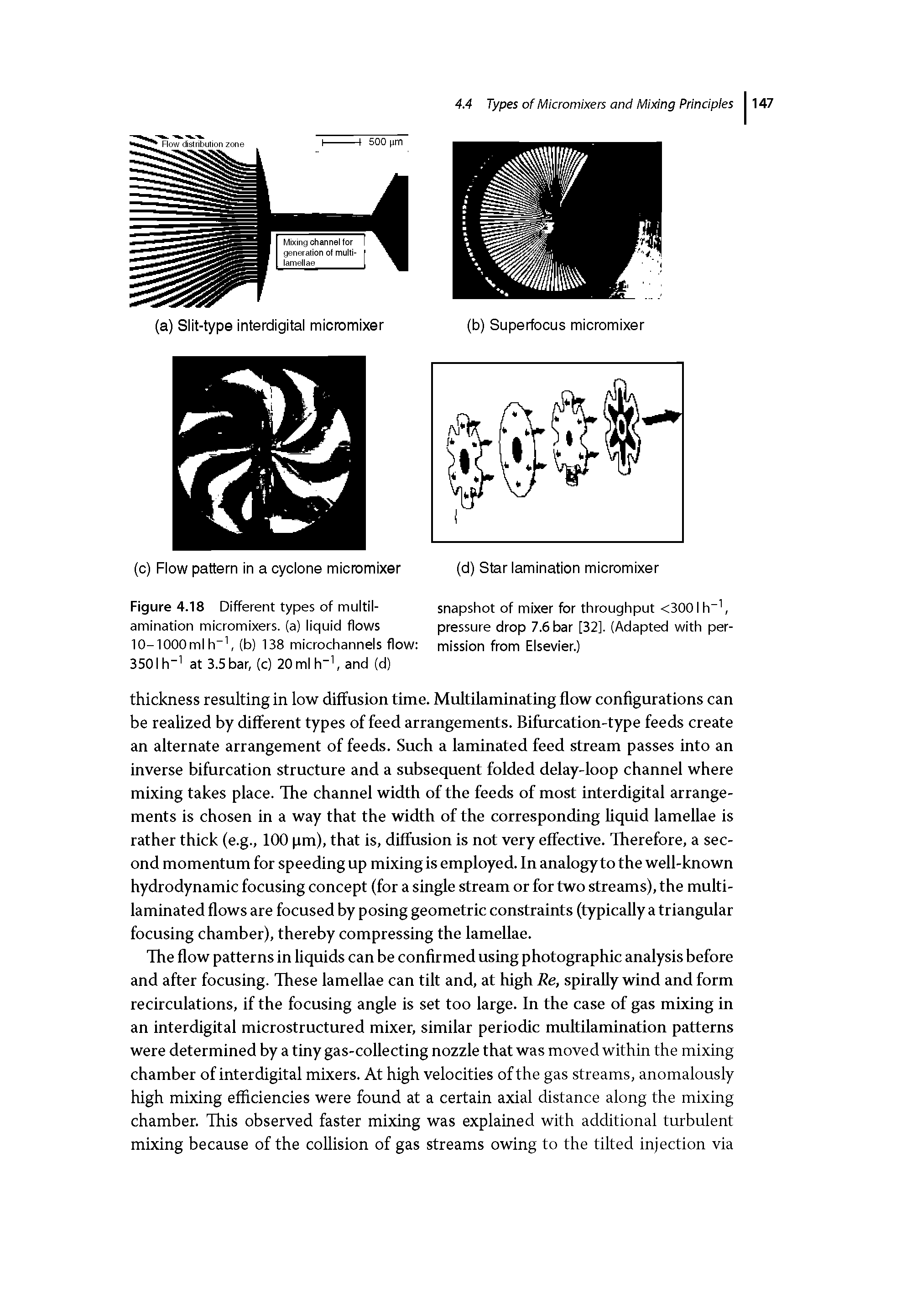 Figure 4.18 Different types of multilamination micromixers, (a) liquid flows lO-IOOOmI h", (b) 138 microchannels flow 3501 h" at 3.5 bar, (c) 20 ml h", and (d)...