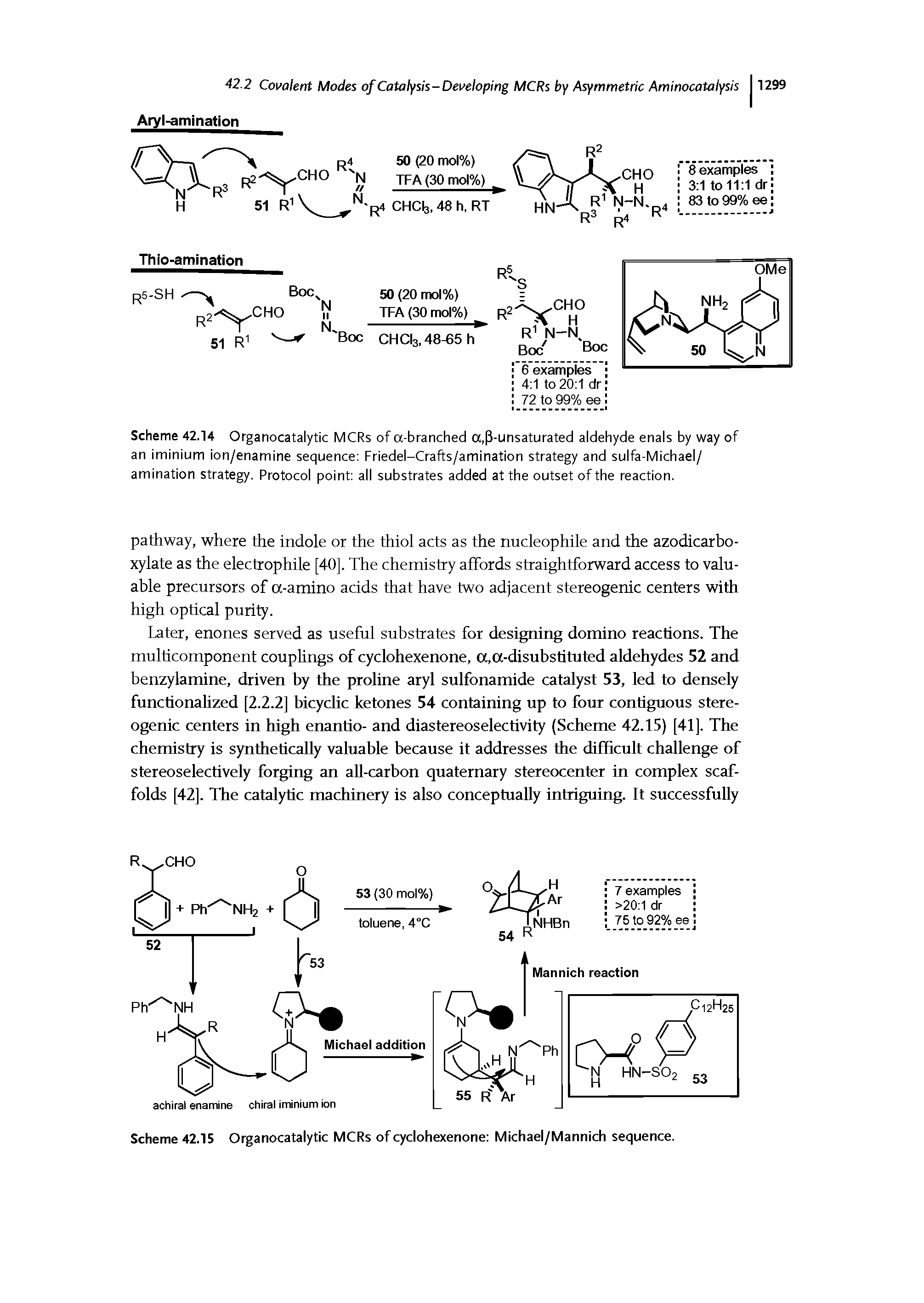 Scheme 42.14 Organocatalytic MCRs of a-branched a,p-unsaturated aldehyde enals by way of an iminium ion/enamine sequence Friedel-Crafts/amination strategy and sulfa-Michael/ amination strategy. Protocol point all substrates added at the outset of the reaction.