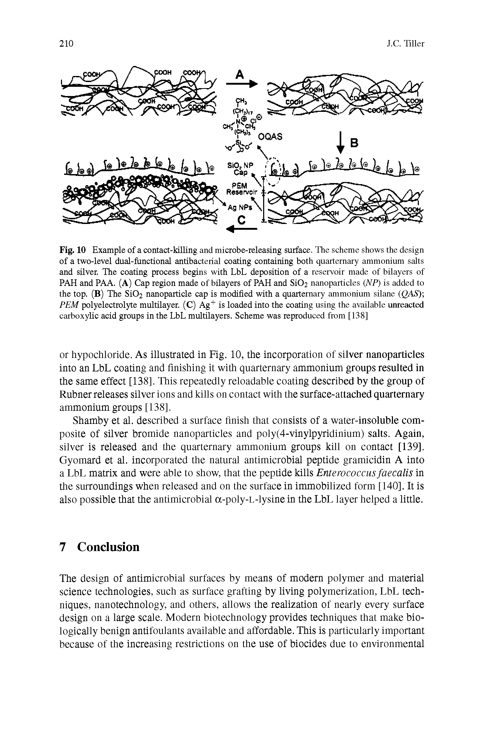 Fig. 10 Example of a contact-killing and microbe-releasing surface. The scheme shows the design of a two-level dual-functional antibacterial coating containing both quarternary ammonium salts and silver. The coating process begins with LbL deposition of a reservoir made of bilayers of PAH and PAA. (A) Cap region made of bilayers of PAH and SiC>2 nanoparticles (NP) is added to the top. (B) The SiC>2 nanoparticle cap is modified with a quarternary ammonium silane (QAS) PEM polyelectrolyte multilayer. (C) Ag+ is loaded into the coating using the available unreacted carboxylic acid groups in the LbL multilayers. Scheme was reproduced from [138]...