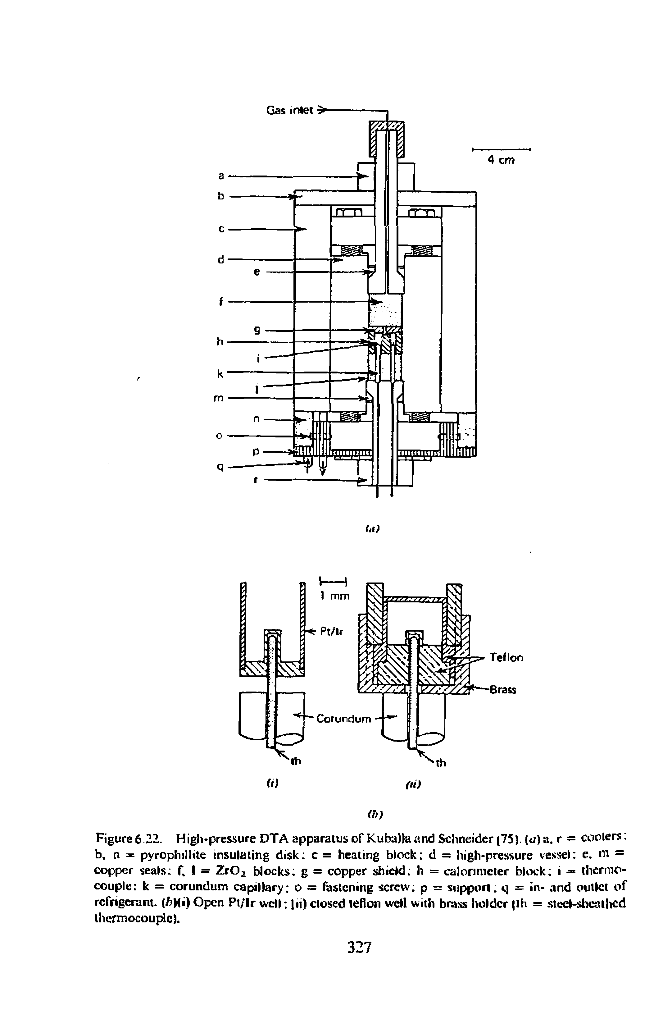 Figure 6 22. High-pressure DTA apparatus of KubaMa and Schneider (75). (u) a. r = coolers. b, n = pyrophillite insulating disk c = heating block d = high-pressure vessel e. m — copper seals f, I = Zr02 blocks g = copper shield h = calorimeter block i = thermocouple k = corundum capillary o = fastening screw p = support c] = in- and outlet of refrigerant. (/ )(i) Open Pt/Ir well In) closed teflon well with brass holder lh = steel-sheathed thermocouple).