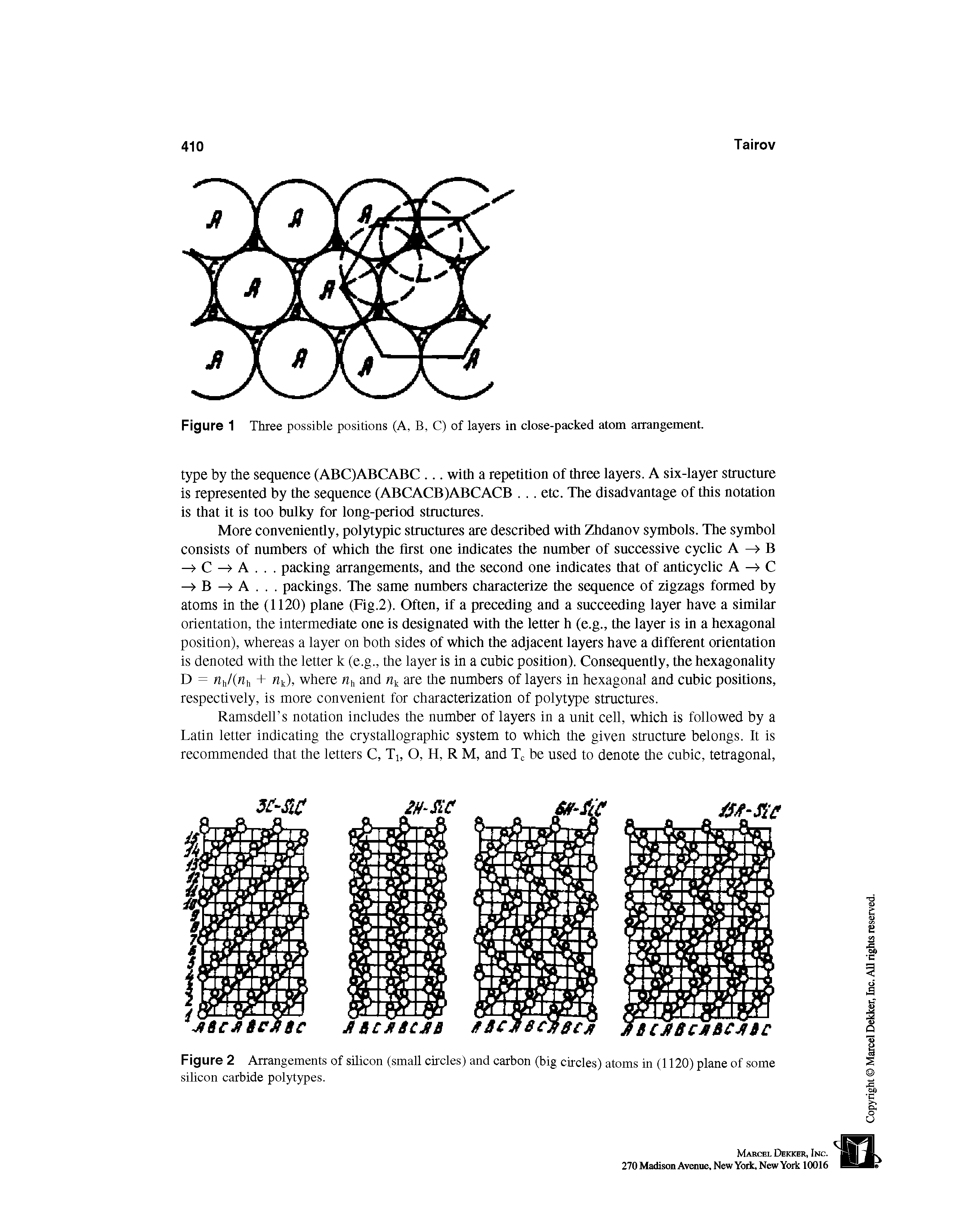 Figure 2 Arrangements of silicon (small circles) and carbon (big circles) atoms in (1120) plane of some silicon carbide polytypes.