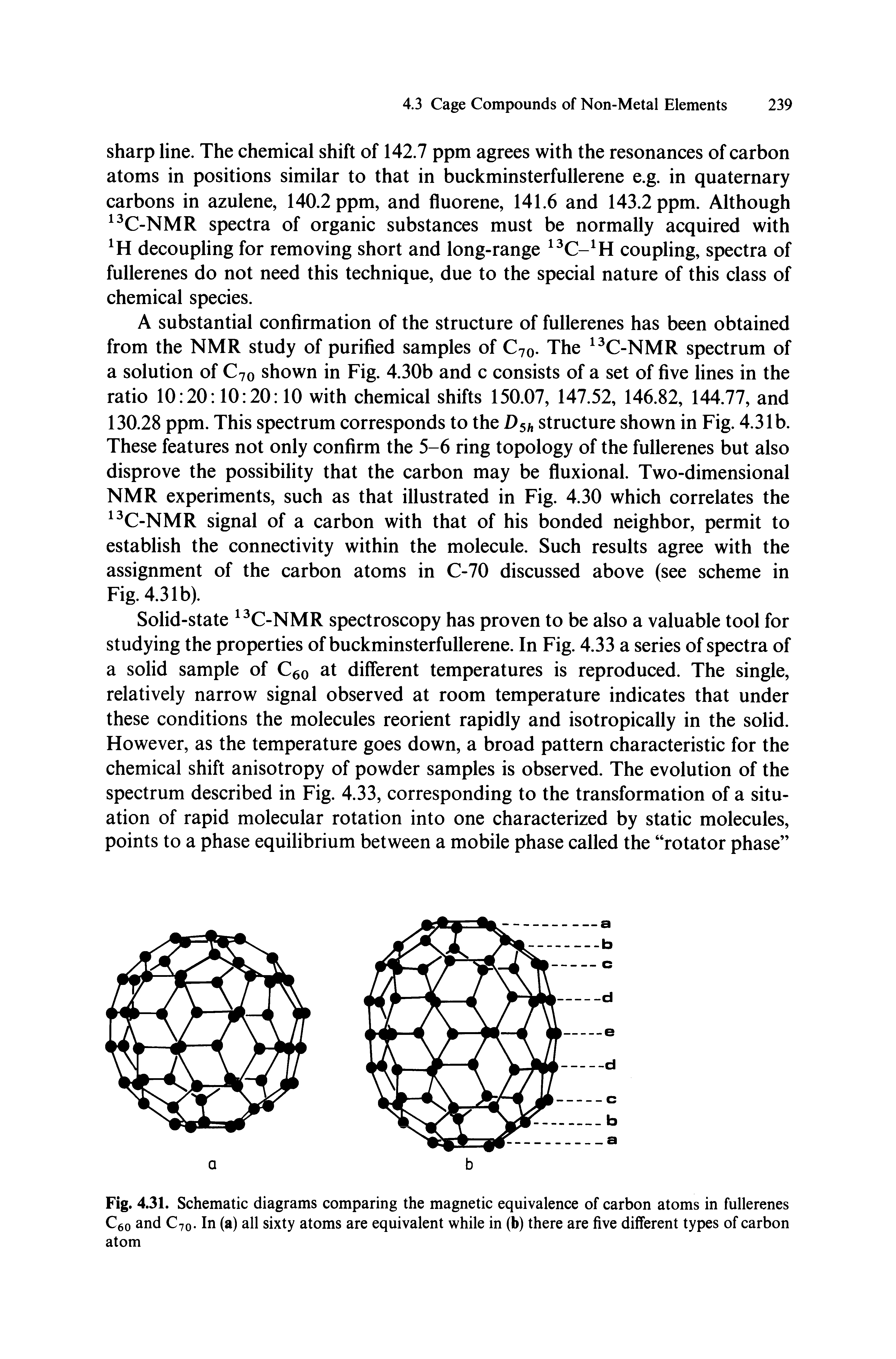 Fig. 4.31. Schematic diagrams comparing the magnetic equivalence of carbon atoms in fullerenes Cgo and C70. In (a) all sixty atoms are equivalent while in (b) there are five different types of carbon atom...