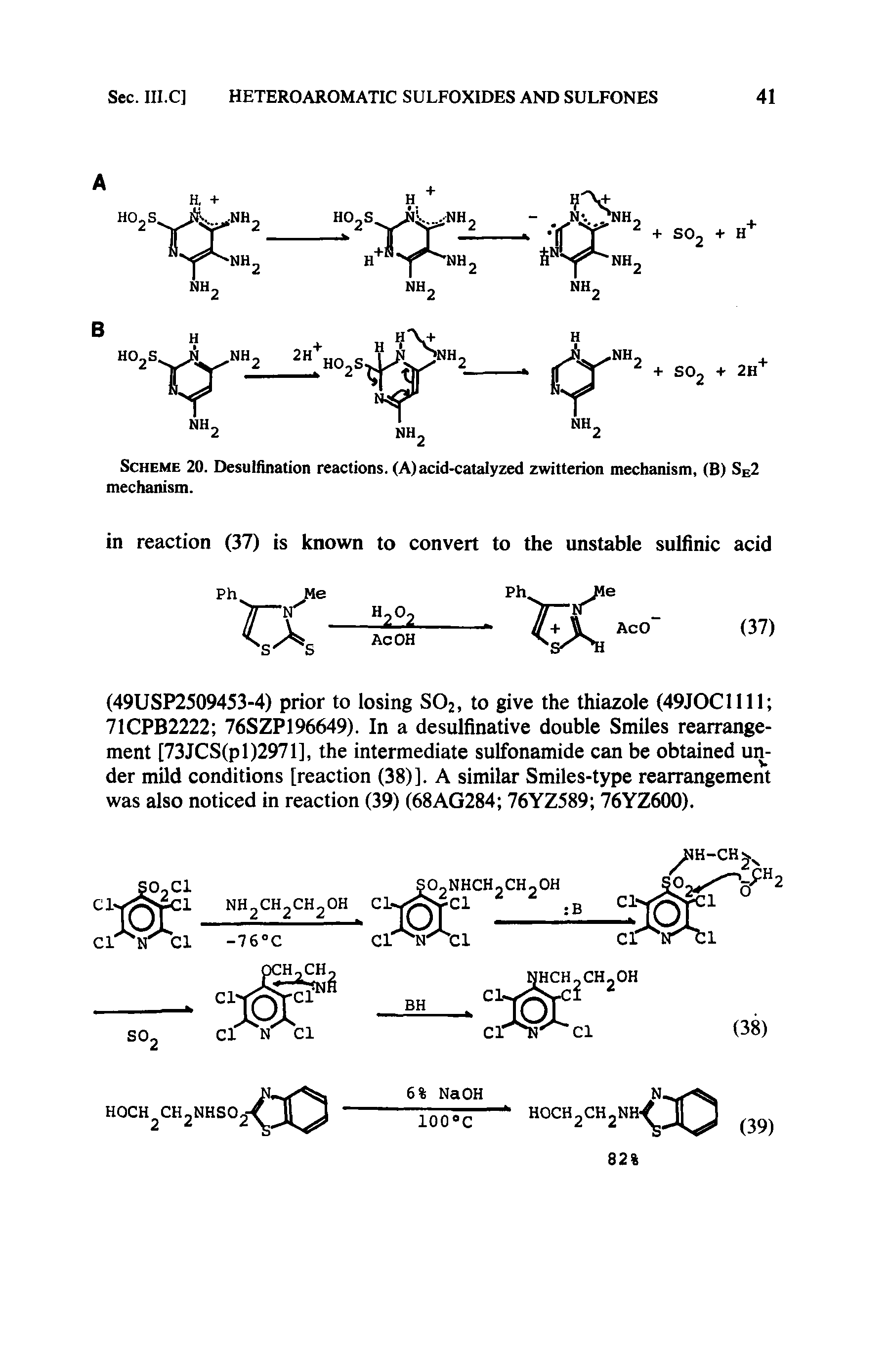 Scheme 20. Desulfination reactions. (A) acid-catalyzed zwitterion mechanism, (B) Se2 mechanism.