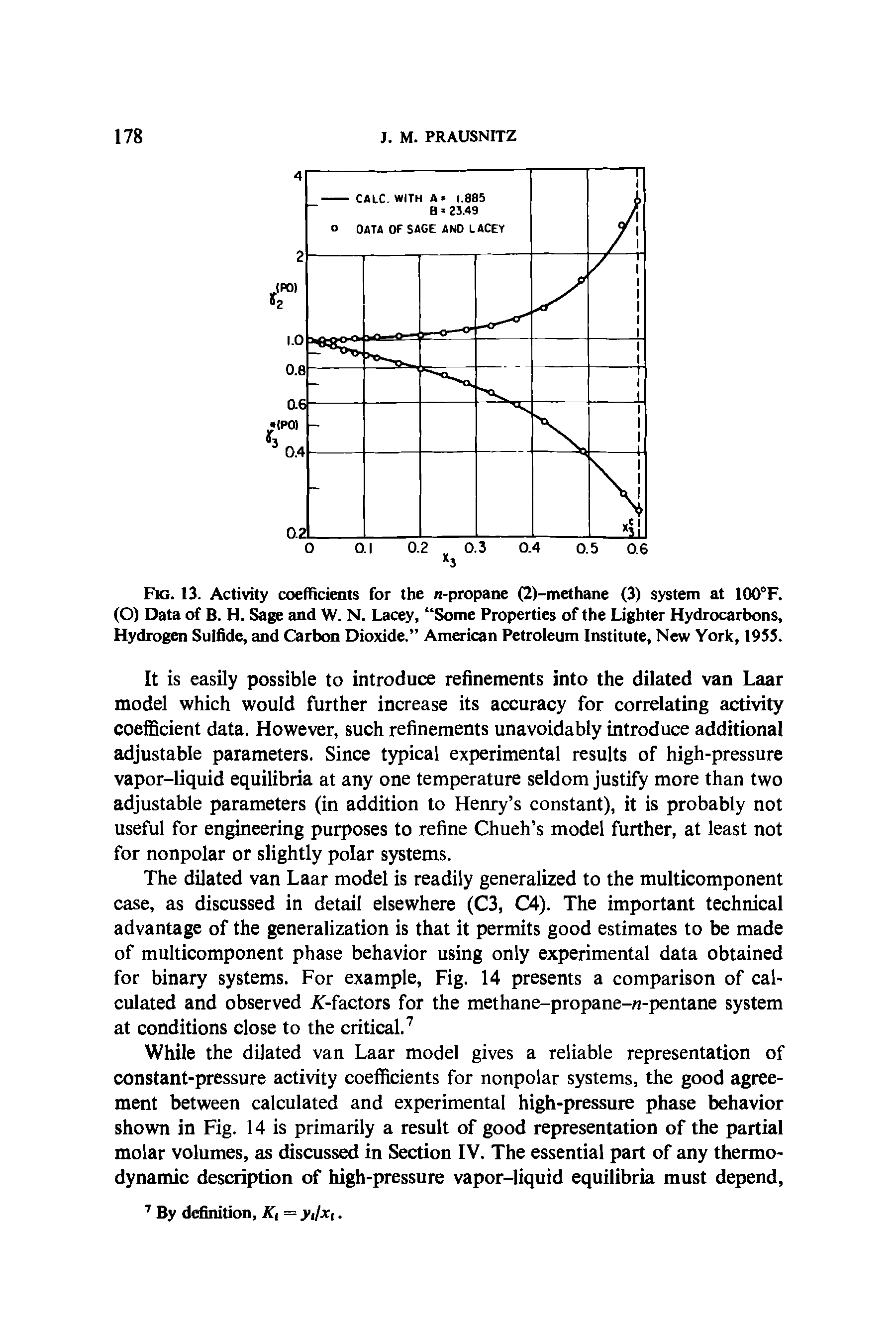 Fig. 13. Activity coefficients for the n-propane (2)-methane (3) system at 100°F. (O) Data of B. H. Sage and W. N. Lacey, Some Properties of the Lighter Hydrocarbons, Hydrogen Sulfide, and Carbon Dioxide. American Petroleum Institute, New York, 1955.