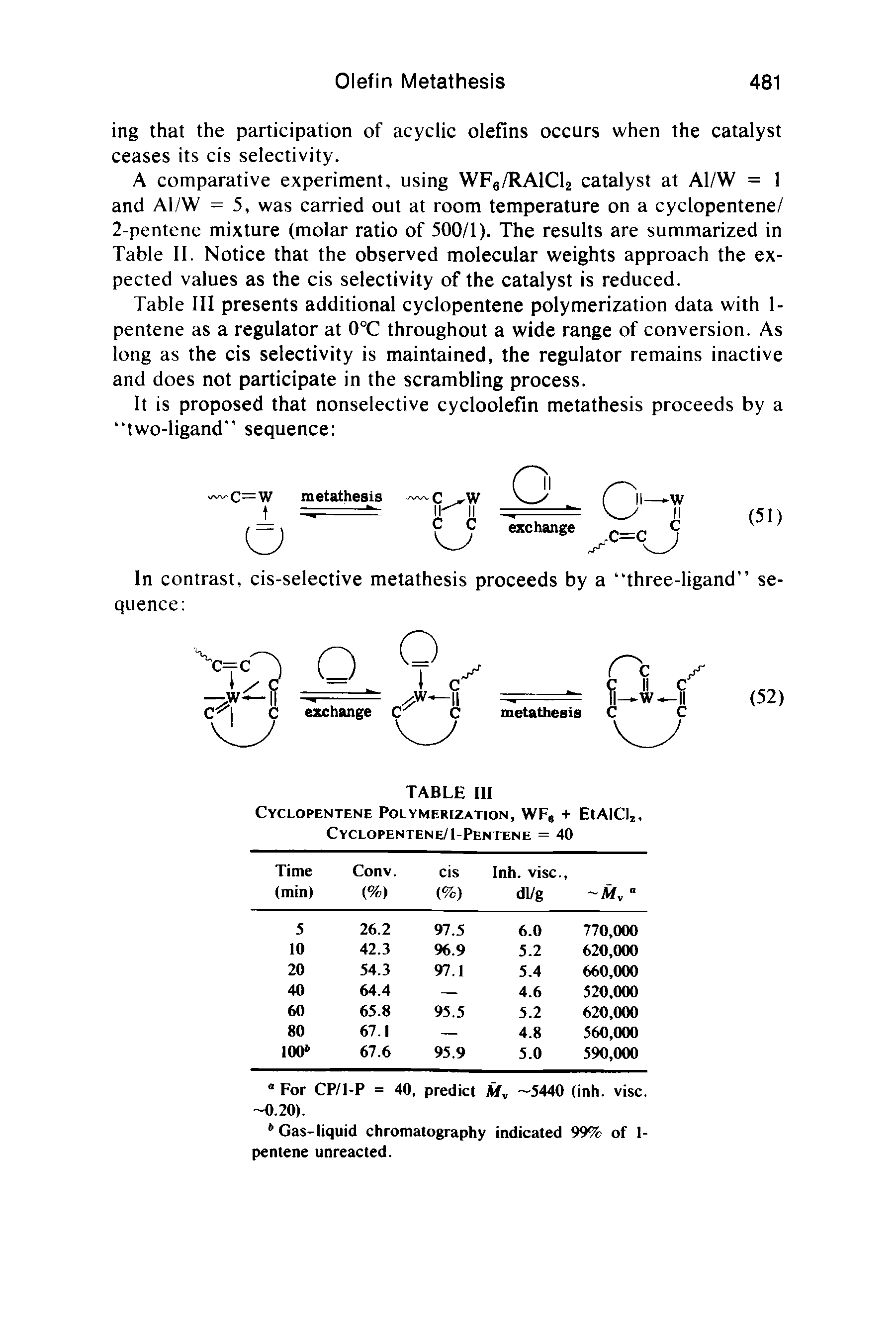 Table III presents additional cyclopentene polymerization data with 1-pentene as a regulator at 0°C throughout a wide range of conversion. As long as the cis selectivity is maintained, the regulator remains inactive and does not participate in the scrambling process.