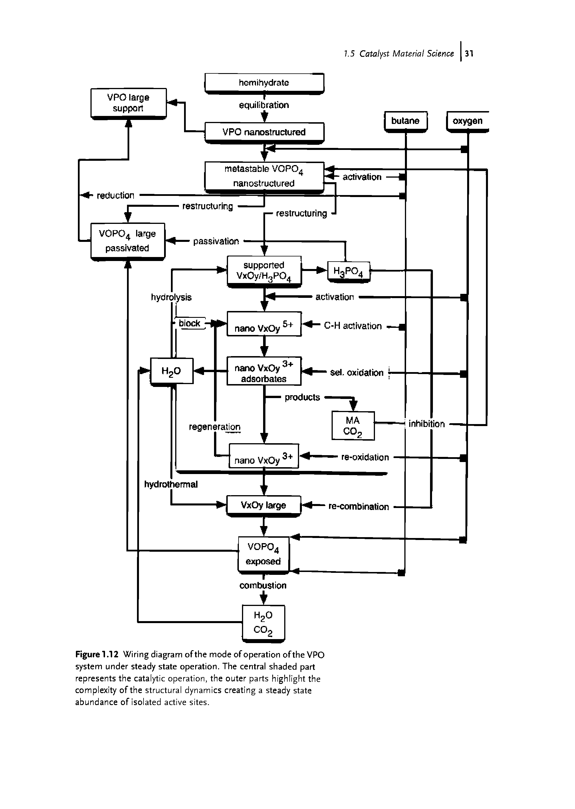 Figure 1.12 Wiring diagram of the mode of operation of the VPO system under steady state operation. The central shaded part represents the catalytic operation, the outer parts highlight the complexity of the structural dynamics creating a steady state abundance of isolated active sites.